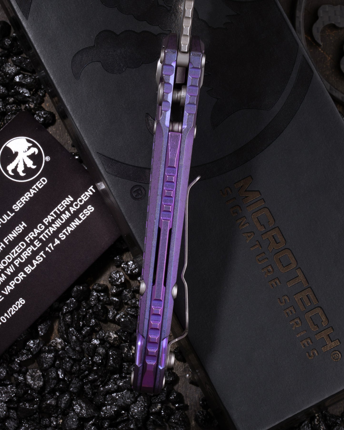 L.U.D.T. – TANTO EDGE FULL SERRATED MARFIONE SELECT STONEWASH FINISH PURPLE HAZE ANODIZED FRAG PATTERN TITANIUM W/PURPLE TITANIUM ACCENT DOUBLE VAPOR BLAST STAINLESS