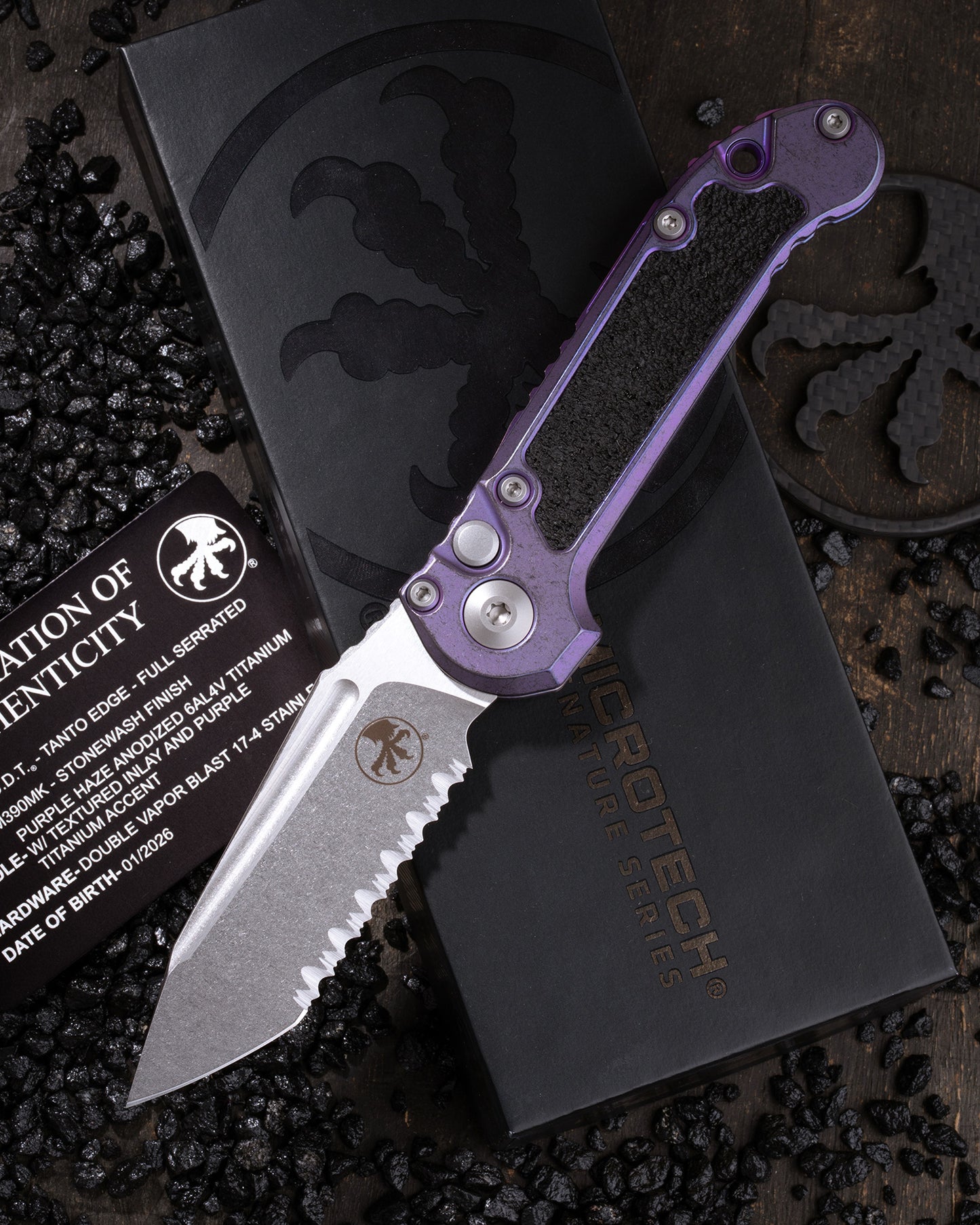 L.U.D.T. – Tanto Edge Full Serrated Marfione Select Stonewash Finish Purple Haze Anodized Titanium W/ Textured Inlay And Purple Titanium Accent Double Vapor Blast Stainless