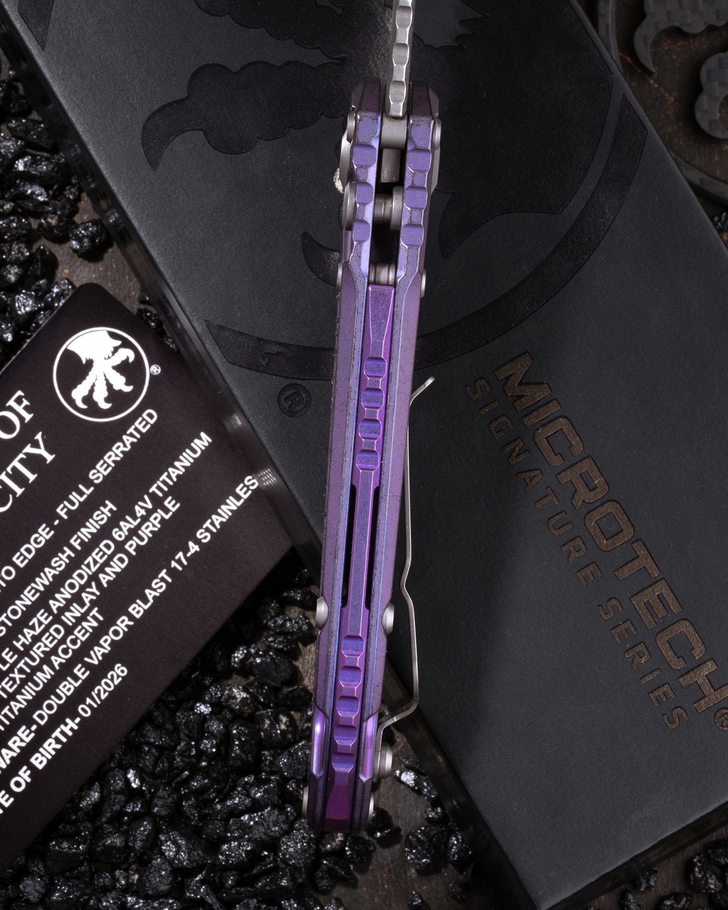 L.U.D.T. – Tanto Edge Full Serrated Marfione Select Stonewash Finish Purple Haze Anodized Titanium W/ Textured Inlay And Purple Titanium Accent Double Vapor Blast Stainless