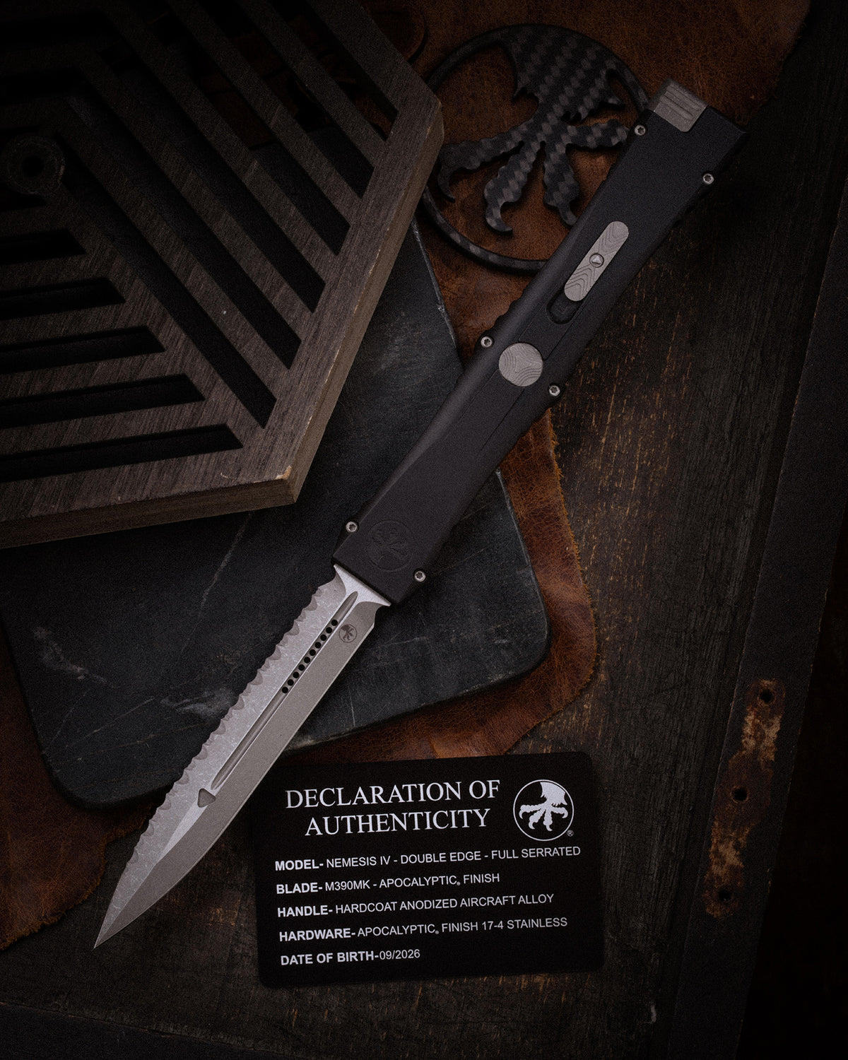 NEMESIS IV D/E FULL SERRATED MARFIONE SELECT APOCALYPTIC® FINISH HARDCOAT ANODIZED ALLOY APOCALYPTIC® FINISH STAINLESS (1152-12APMS1)