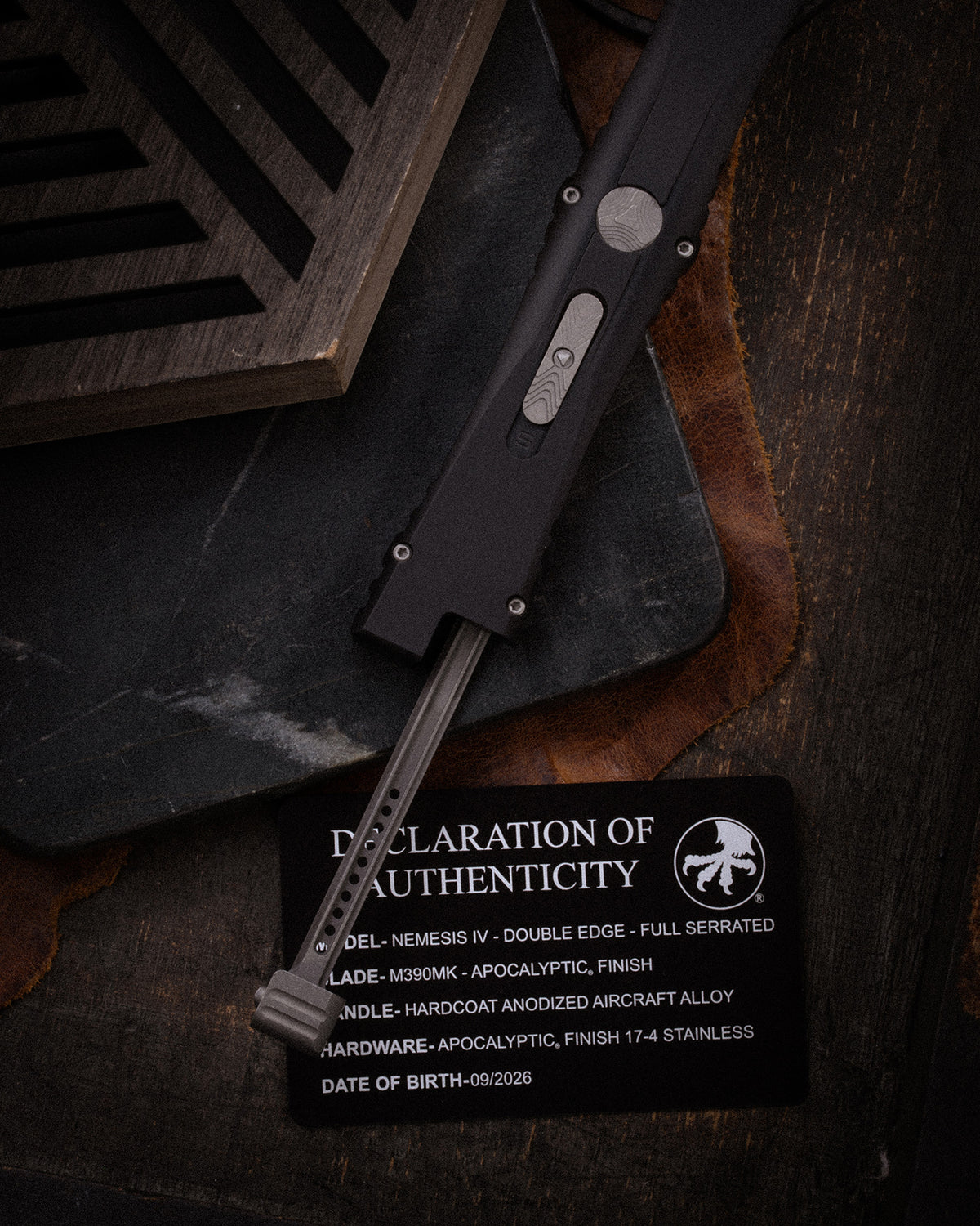 NEMESIS IV D/E FULL SERRATED MARFIONE SELECT APOCALYPTIC® FINISH HARDCOAT ANODIZED ALLOY APOCALYPTIC® FINISH STAINLESS (1152-12APMS1)