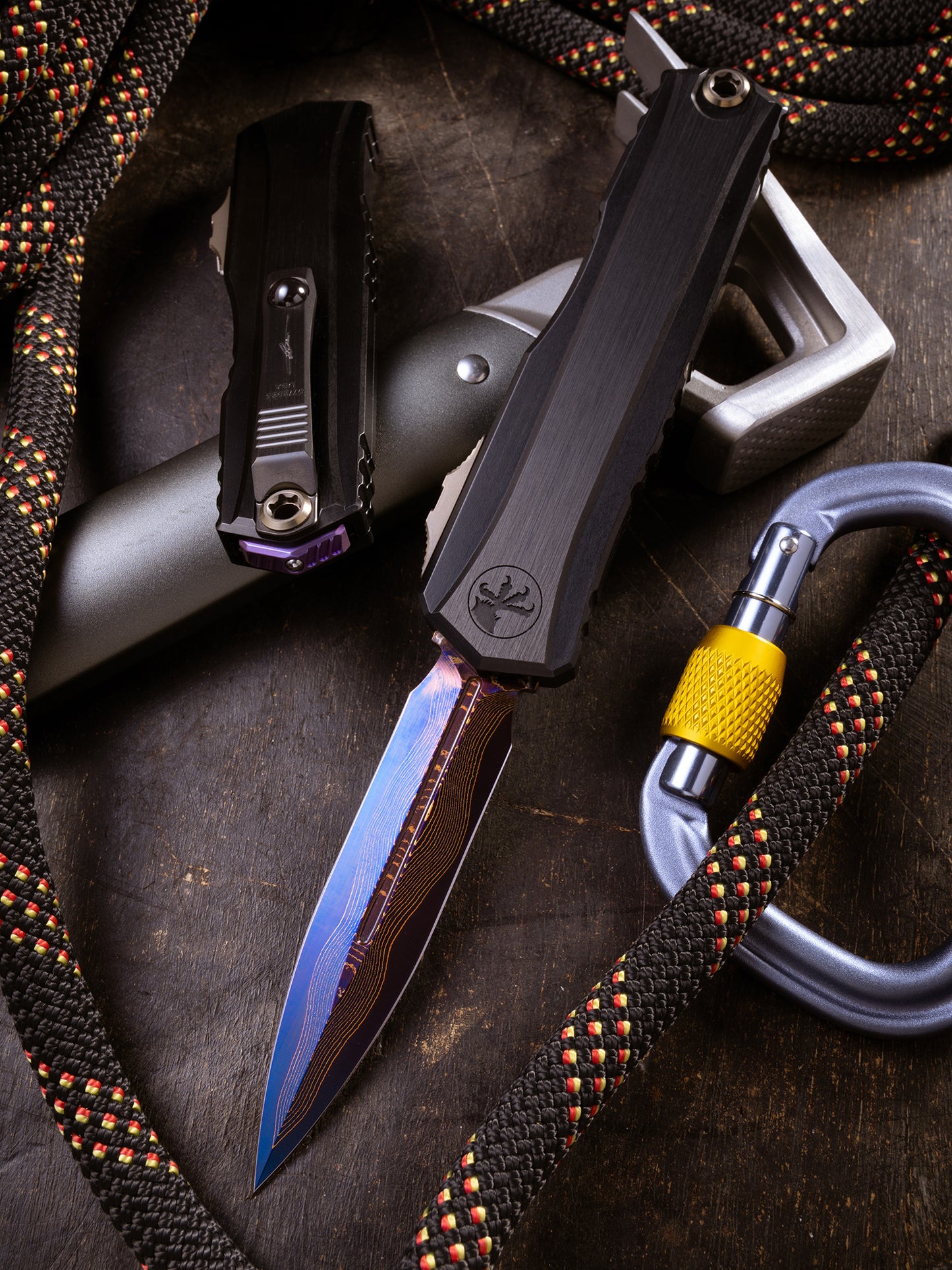 Cypher® II - Double Edge Marfione Select Blued Baker Forge Coppermai Damascus Hefted Alloy Bronzed Hard Cut Hardware & Purple Titanium Accent