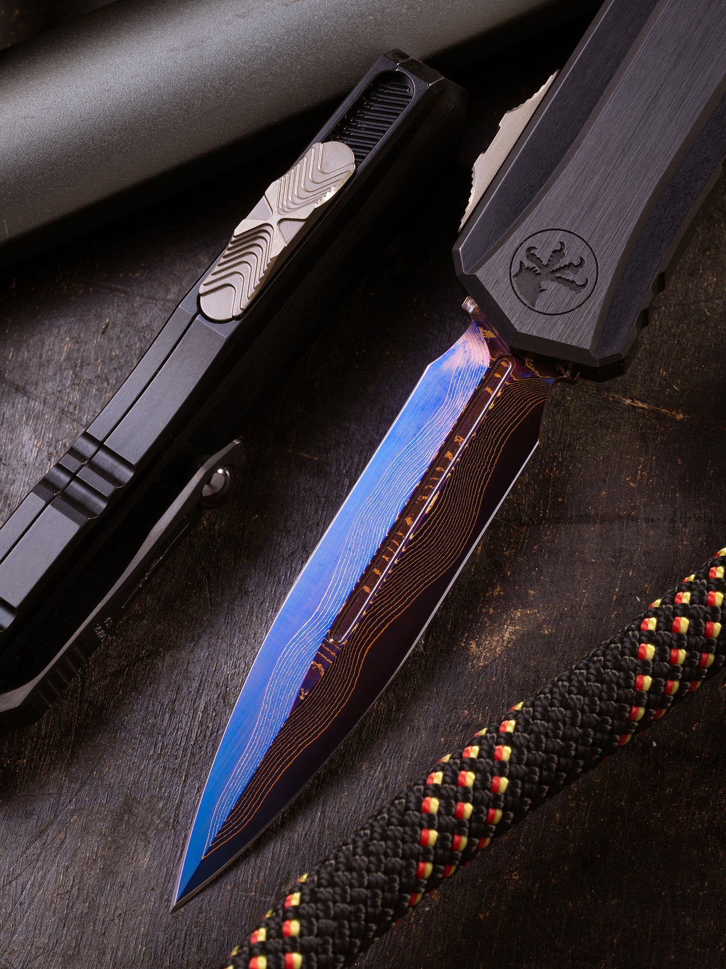 Cypher® II - Double Edge Marfione Select Blued Baker Forge Coppermai Damascus Hefted Alloy Bronzed Hard Cut Hardware & Purple Titanium Accent