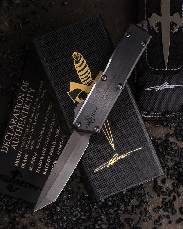 EXECUTIVE SCARAB II GEN III – TANTO EDGE DLC APOCALYPTIC FINISH – CHISEL GRIND HEFTED BLACK ANODIZED ALLOY DLC HARD CUT STAINLESS