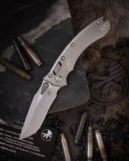 Amphibian® Mini RAM-LOK® MARFIONE SELECT STONEWASH FINISH STONEWASH FINISH FLUTED TITANIUM WITH BLUE TITANIUM ACCENT DOUBLE VAPOR BLAST STAINLESS (137MRL-10FLMS2)