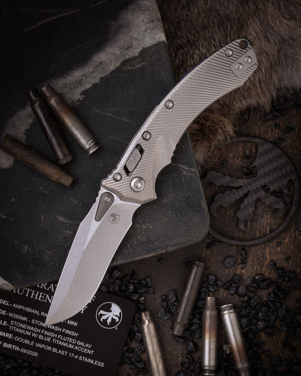 Amphibian® Mini RAM-LOK® MARFIONE SELECT STONEWASH FINISH STONEWASH FINISH FLUTED TITANIUM WITH BLUE TITANIUM ACCENT DOUBLE VAPOR BLAST STAINLESS (137MRL-10FLMS2)