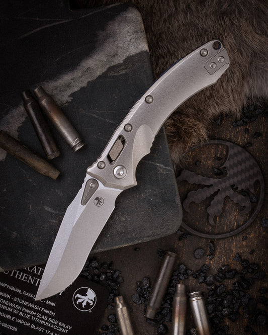 Amphibian® Mini RAM-LOK® MARFIONE SELECT STONEWASH FINISH STONEWASH FINISH SLAB SIDE TITANIUM WITH BLUE TITANIUM ACCENT DOUBLE VAPOR BLAST STAINLESS (137MRL-10MS2)