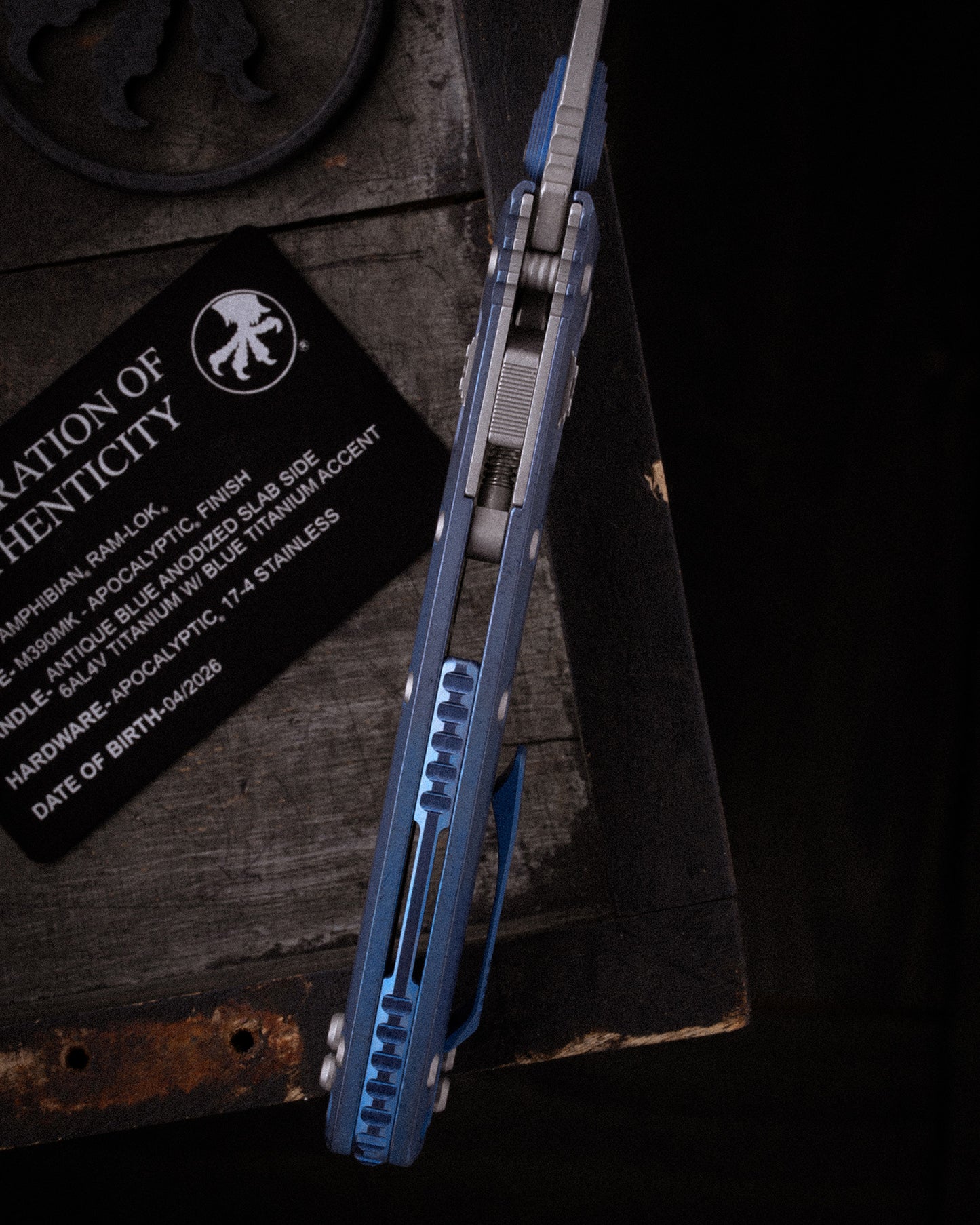AMPHIBIAN® RAM-LOK™ MARFIONE SELECT APOCALYPTIC FINISH ANTIQUE BLUE ANODIZED SLAB SIDE TITANIUM W/BLUE TITANIUM ACCENT APOCALYPTIC FINISH STAINLESS (137RL-10APMS2)