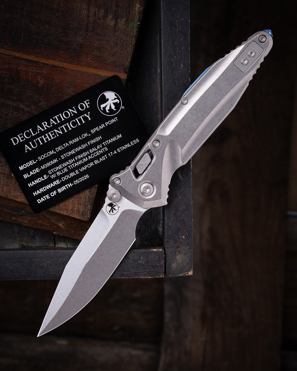 SOCOM® DELTA RAM-LOK® SPEAR POINT MARFIONE SELECT STONEWASH FINISH STONEWASH FINISH TITANIUM W/ BLUE TITANIUM ACCENTS DOUBLE VAPOR BLAST STAINLESS (159RL-10SMS3)