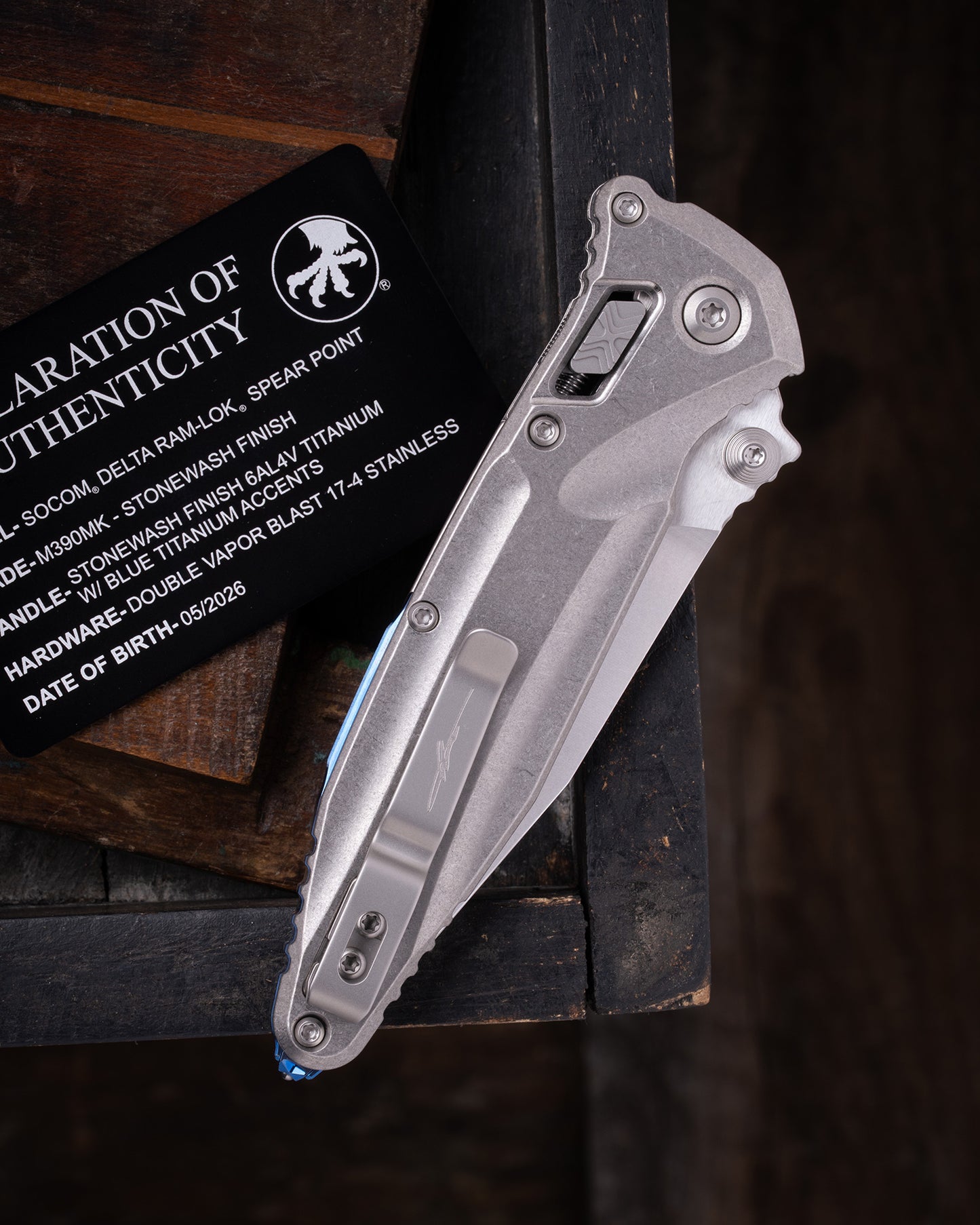 SOCOM® DELTA RAM-LOK® SPEAR POINT MARFIONE SELECT STONEWASH FINISH STONEWASH FINISH TITANIUM W/ BLUE TITANIUM ACCENTS DOUBLE VAPOR BLAST STAINLESS (159RL-10SMS3)
