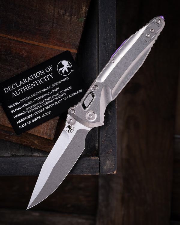 SOCOM® DELTA RAM-LOK® SPEAR POINT MARFIONE SELECT STONEWASH FINISH STONEWASH FINISH TITANIUM W/ PURPLE TITANIUM ACCENTS DOUBLE VAPOR BLAST STAINLESS (159RL-10SMS4)