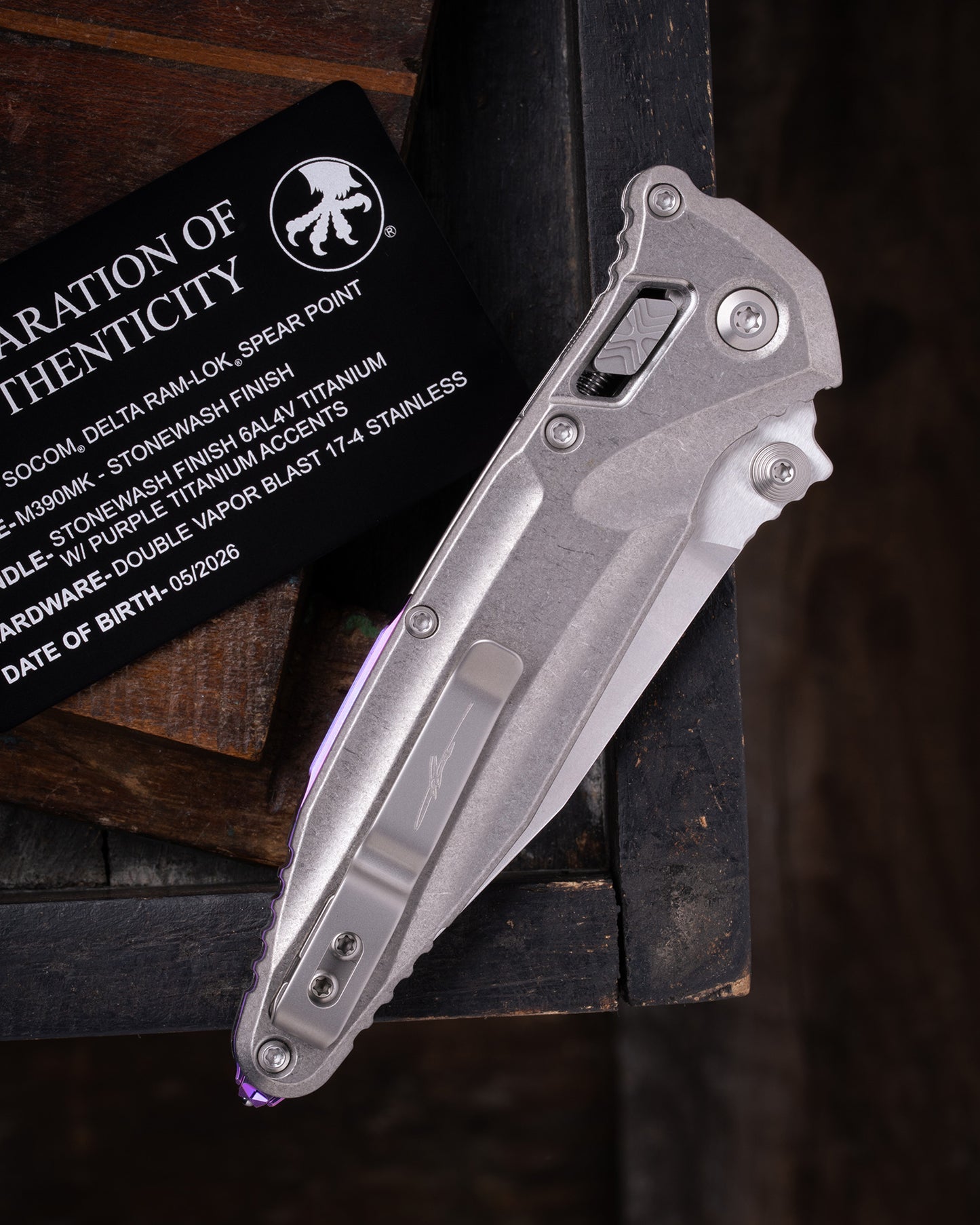 SOCOM® DELTA RAM-LOK® SPEAR POINT MARFIONE SELECT STONEWASH FINISH STONEWASH FINISH TITANIUM W/ PURPLE TITANIUM ACCENTS DOUBLE VAPOR BLAST STAINLESS (159RL-10SMS4)