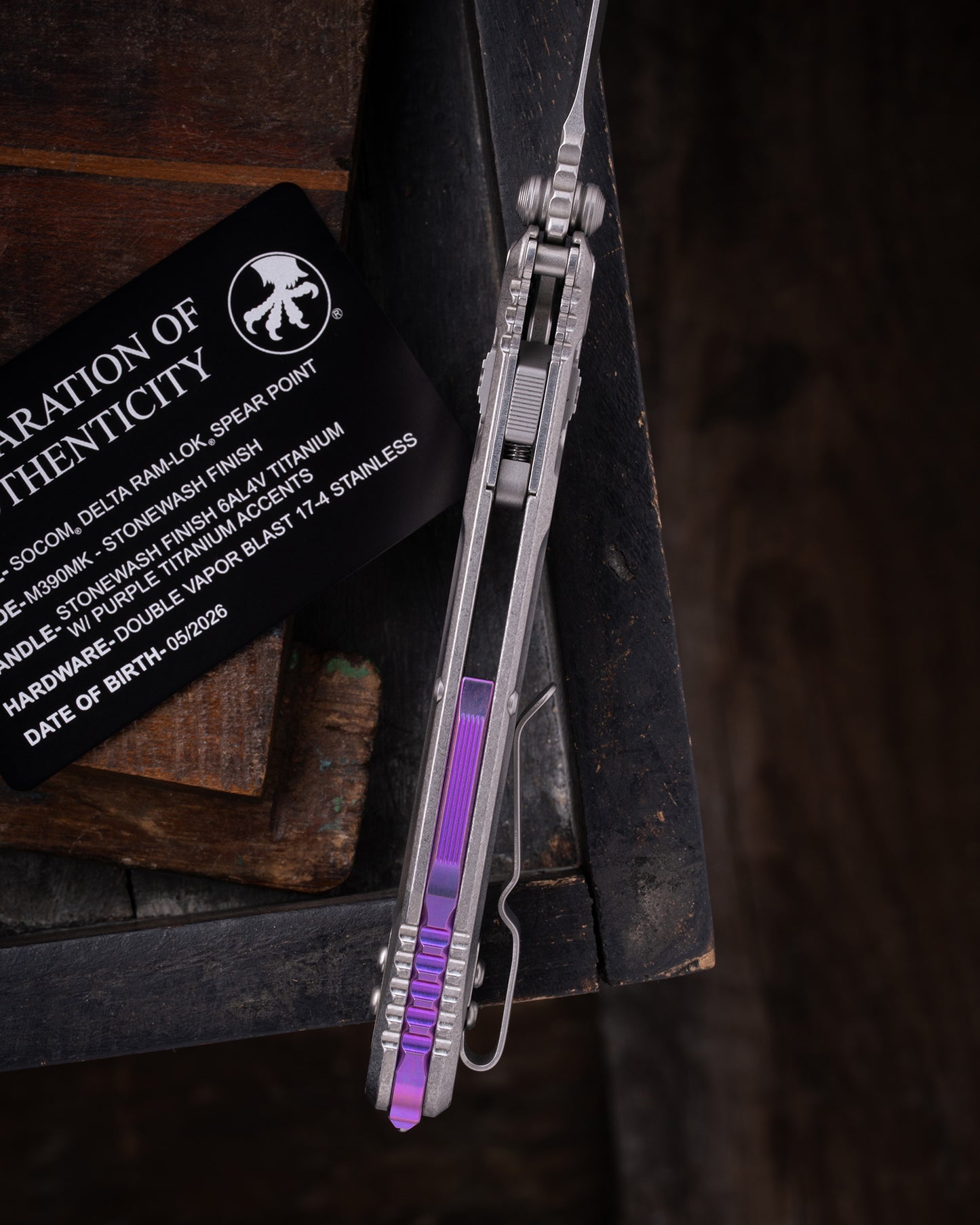 SOCOM® DELTA RAM-LOK® SPEAR POINT MARFIONE SELECT STONEWASH FINISH STONEWASH FINISH TITANIUM W/ PURPLE TITANIUM ACCENTS DOUBLE VAPOR BLAST STAINLESS (159RL-10SMS4)