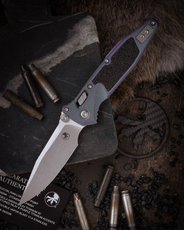 Socom® RAM-LOK® CLIP POINT MARFIONE SELECT STONEWASH FINISH NEBULA GREEN TITANIUM WITH TEXTURED INLAY AND PURPLE TITANIUM ACCENTS DOUBLE VAPOR BLAST STAINLESS (160RL-10MS10)