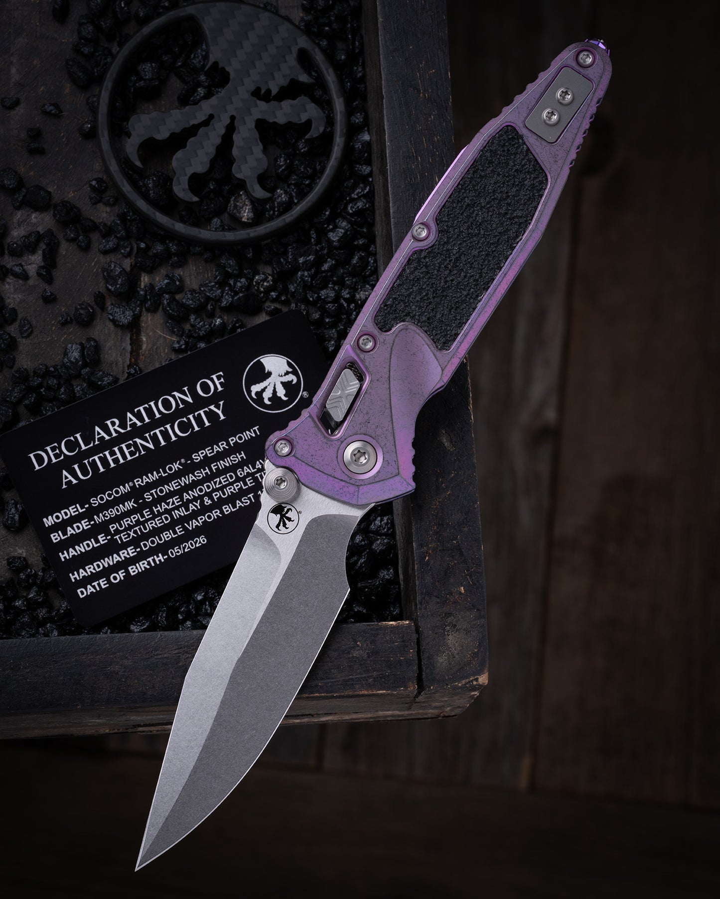 Socom® RAM-LOK® – Spear Point Marfione Select Stonewash Finish Purple Haze Anodized Frag Pattern Titanium W/ Purple Titanium Accent Double Vapor Blast Stainless (160RL-10SMS6)