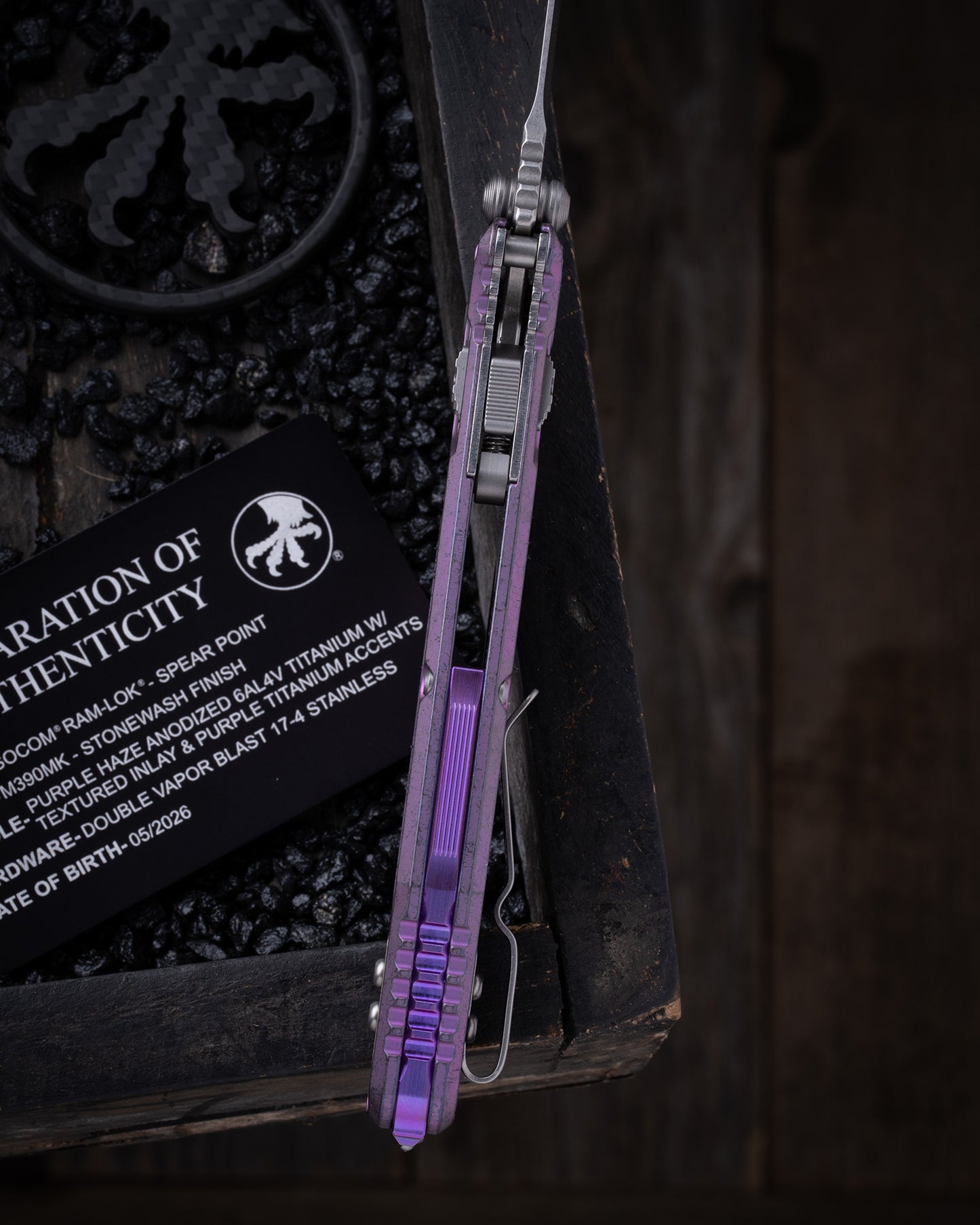 Socom® RAM-LOK® – Spear Point Marfione Select Stonewash Finish Purple Haze Anodized Frag Pattern Titanium W/ Purple Titanium Accent Double Vapor Blast Stainless (160RL-10SMS6)