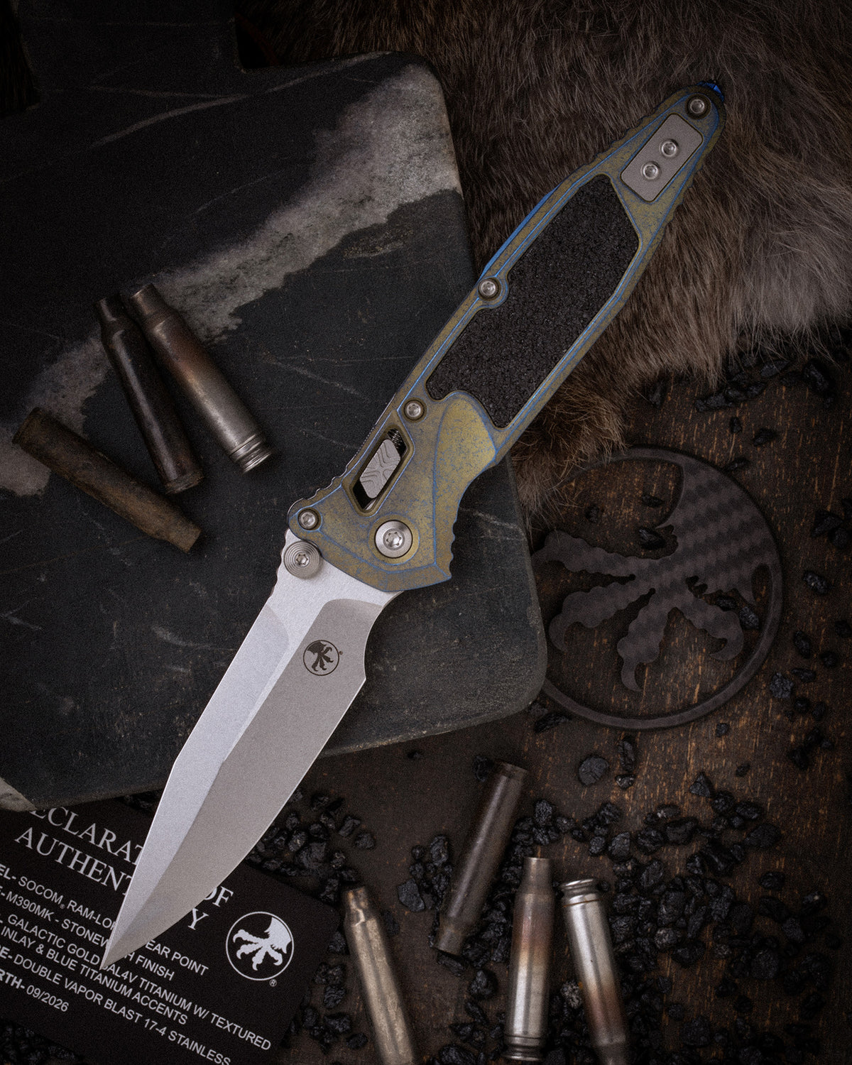 Socom® RAM-LOK® SPEAR POINT MARFIONE SELECT STONEWASH FINISH GALACTIC GOLD TITANIUM WITH TEXTURED INLAY AND BLUE TITANIUM ACCENTS DOUBLE VAPOR BLAST STAINLESS (160RL-10SMS8)
