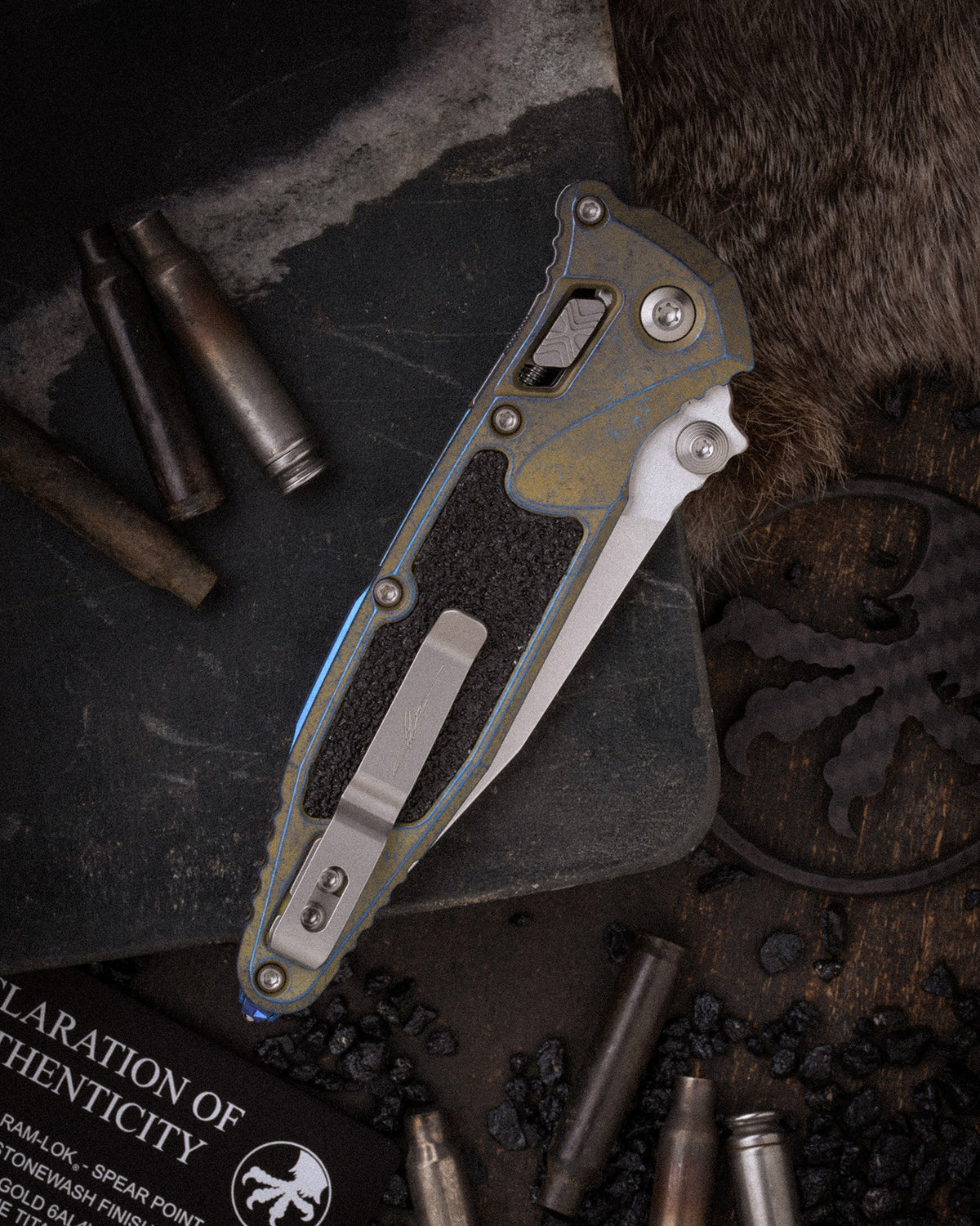 Socom® RAM-LOK® SPEAR POINT MARFIONE SELECT STONEWASH FINISH GALACTIC GOLD TITANIUM WITH TEXTURED INLAY AND BLUE TITANIUM ACCENTS DOUBLE VAPOR BLAST STAINLESS (160RL-10SMS8)