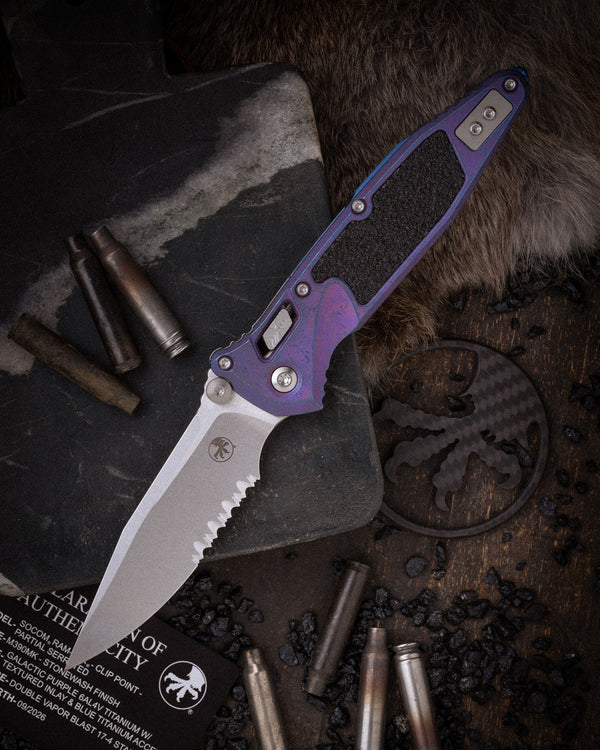 Socom® RAM-LOK® CLIP POINT PARTIAL SERRATED MARFIONE SELECT STONEWASH FINISH GALACTIC PURPLE TITANIUM WITH TEXTURED INLAY AND BLUE TITANIUM ACCENTS DOUBLE VAPOR BLAST STAINLESS (160RL-11MS9)