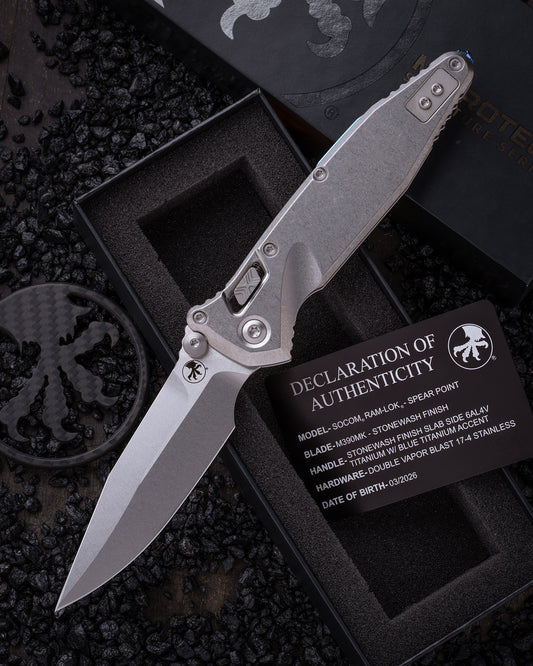 SOCOM® RAM-LOK® SPEAR POINT MARFIONE SELECT STONEWASH FINISH STONEWASH FINISH SLAB SIDE TITANIUM W/ BLUE TITANIUM ACCENTS DOUBLE VAPOR BLAST STAINLESS (160RLS-10SMS3)