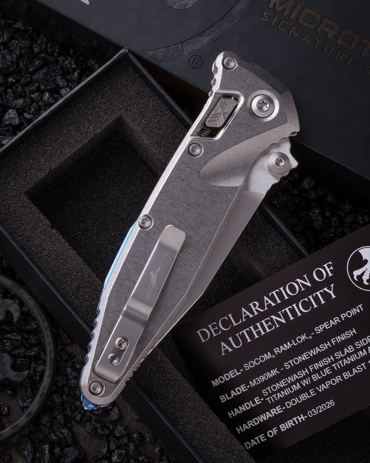 SOCOM® RAM-LOK® SPEAR POINT MARFIONE SELECT STONEWASH FINISH STONEWASH FINISH SLAB SIDE TITANIUM W/ BLUE TITANIUM ACCENTS DOUBLE VAPOR BLAST STAINLESS (160RLS-10SMS3)