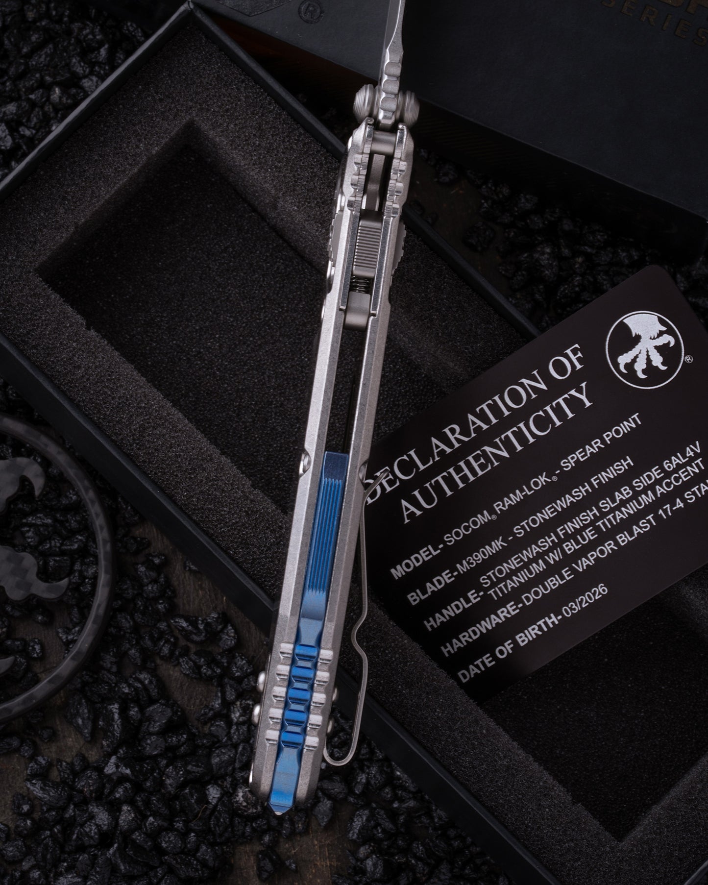 SOCOM® RAM-LOK® SPEAR POINT MARFIONE SELECT STONEWASH FINISH STONEWASH FINISH SLAB SIDE TITANIUM W/ BLUE TITANIUM ACCENTS DOUBLE VAPOR BLAST STAINLESS (160RLS-10SMS3)