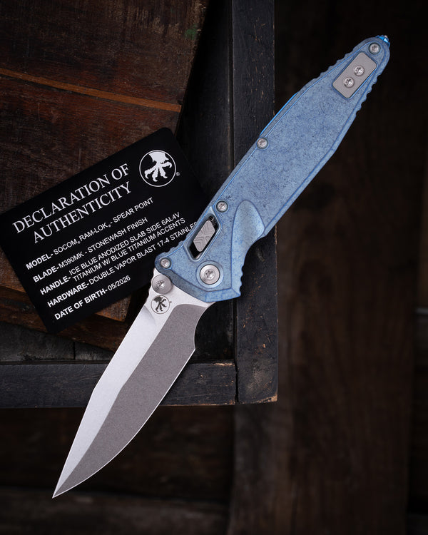 SOCOM® RAM-LOK® SPEAR POINT MARFIONE SELECT STONEWASH FINISH ICE BLUE ANODIZED SLAB SIDE TITANIUM W/ BLUE TITANIUM ACCENTS DOUBLE VAPOR BLAST STAINLESS (160RLS-10SMS7)