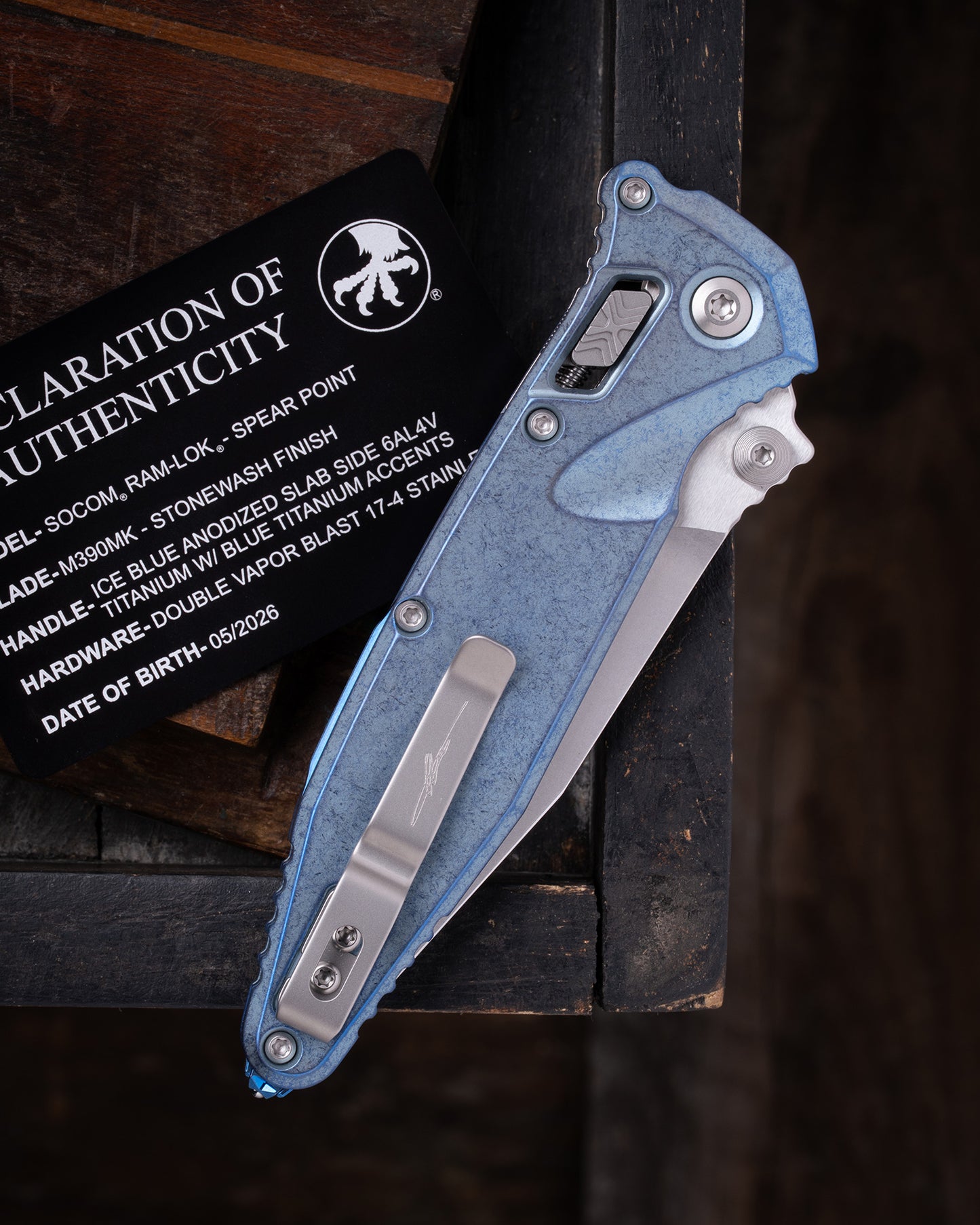 SOCOM® RAM-LOK® SPEAR POINT MARFIONE SELECT STONEWASH FINISH ICE BLUE ANODIZED SLAB SIDE TITANIUM W/ BLUE TITANIUM ACCENTS DOUBLE VAPOR BLAST STAINLESS (160RLS-10SMS7)