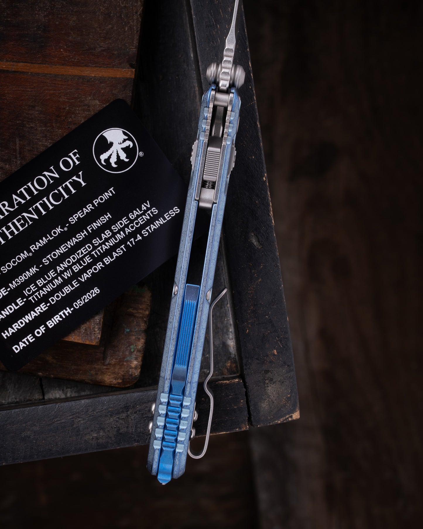 SOCOM® RAM-LOK® SPEAR POINT MARFIONE SELECT STONEWASH FINISH ICE BLUE ANODIZED SLAB SIDE TITANIUM W/ BLUE TITANIUM ACCENTS DOUBLE VAPOR BLAST STAINLESS (160RLS-10SMS7)