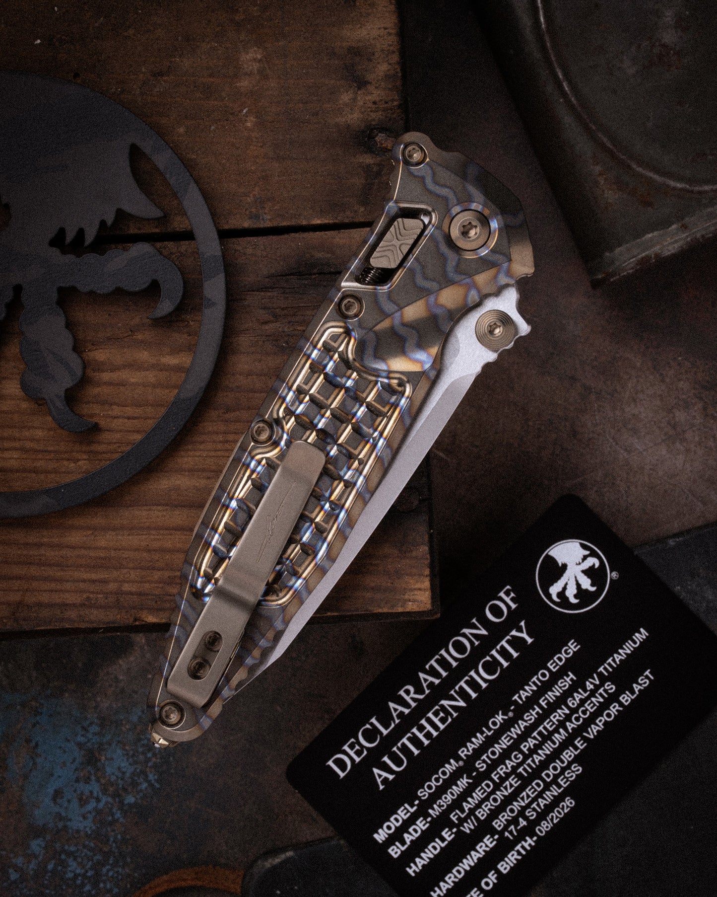 SOCOM® RAM-LOK® T/E MARFIONE SELECT STONEWASH FINISH FLAMED FRAG PATTERN TITANIUM W/ BRONZE TITANIUM ACCENTS BRONZED DOUBLE VAPOR BLAST STAINLESS (161RL-10FRMS8)