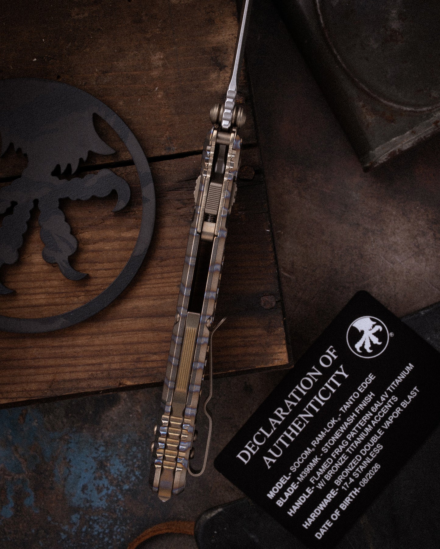 SOCOM® RAM-LOK® T/E MARFIONE SELECT STONEWASH FINISH FLAMED FRAG PATTERN TITANIUM W/ BRONZE TITANIUM ACCENTS BRONZED DOUBLE VAPOR BLAST STAINLESS (161RL-10FRMS8)