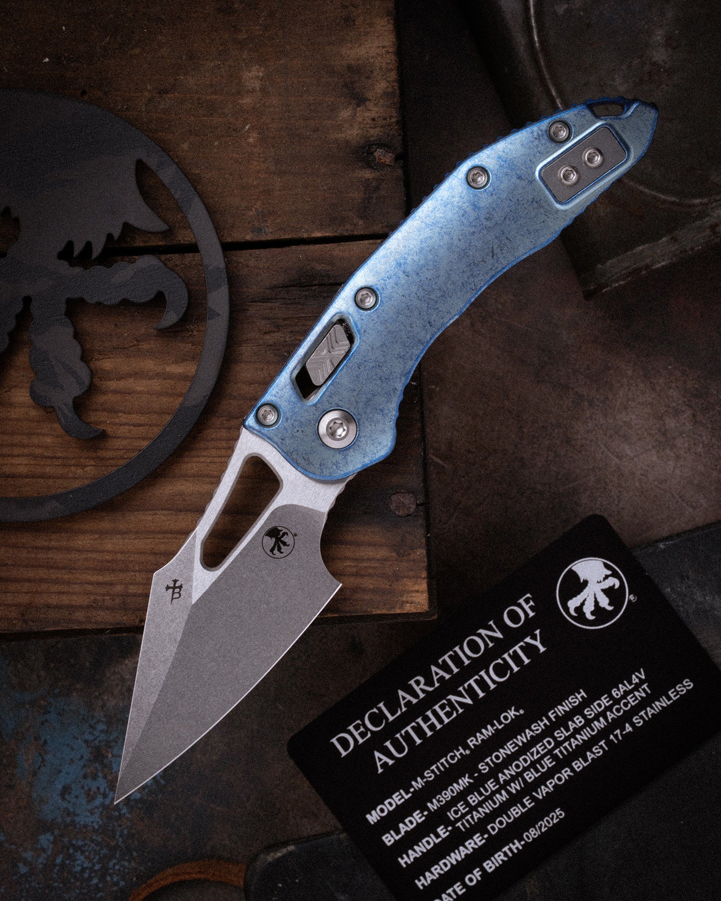 M-Stitch® RAM-LOK® MARFIONE SELECT STONEWASH FINISH ICE BLUE ANODIZED SLAB SIDE TITANIUM W/ BLUE TITANIUM ACCENT DOUBLE VAPOR BLAST STAINLESS (169MRL-10MS6)