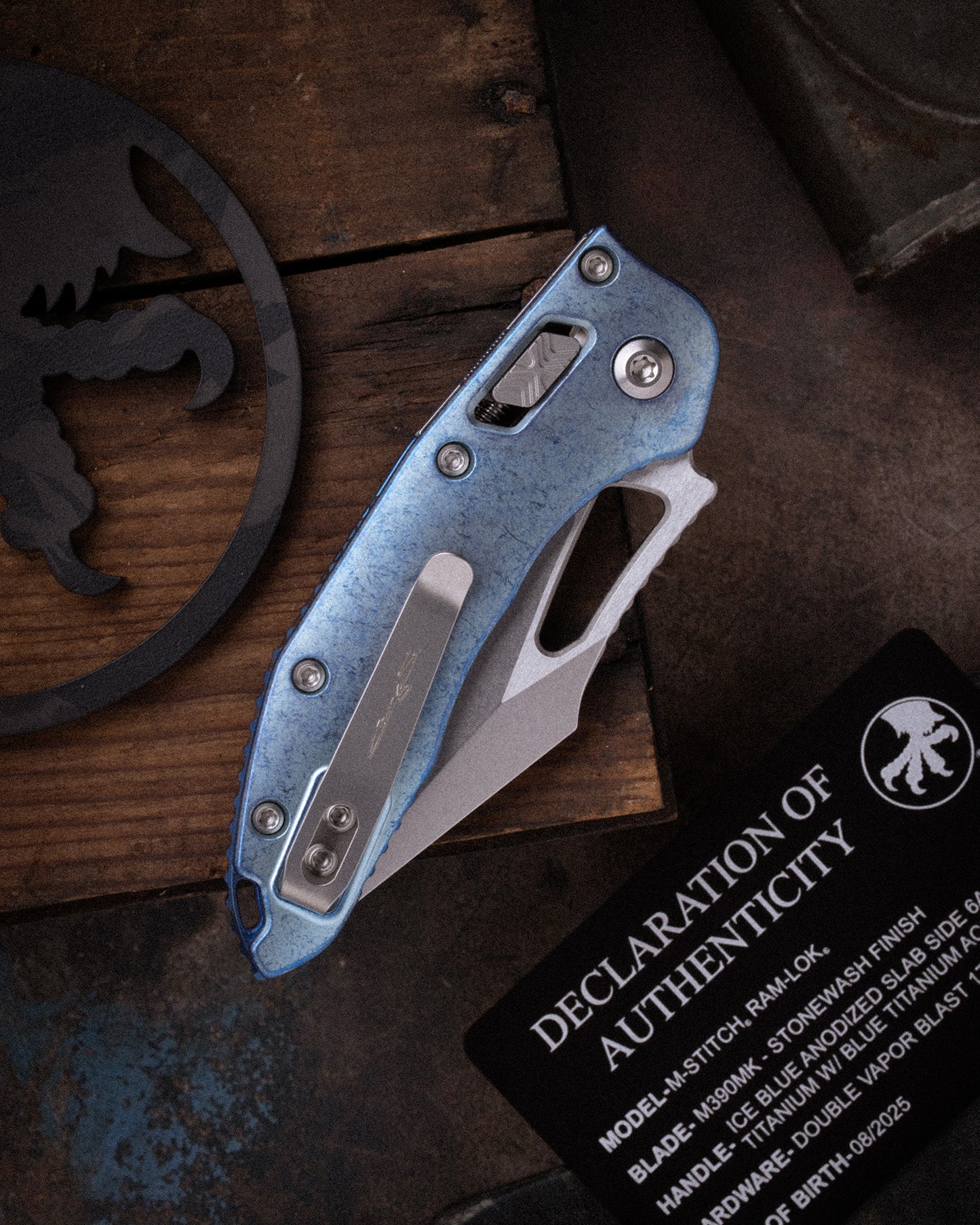 M-Stitch® RAM-LOK® MARFIONE SELECT STONEWASH FINISH ICE BLUE ANODIZED SLAB SIDE TITANIUM W/ BLUE TITANIUM ACCENT DOUBLE VAPOR BLAST STAINLESS (169MRL-10MS6)