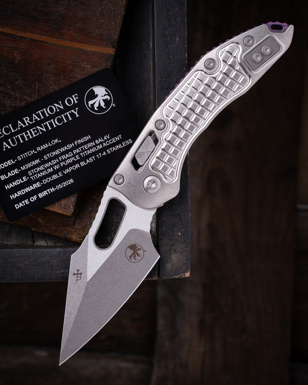 STITCH RAM-LOK® MARFIONE SELECT STANDARD STONEWASH FINISH STONEWASH FRAG PATTERN TITANIUM W/ PURPLE TITANIUM ACCENT DOUBLE VAPOR BLAST STAINLESS (169RL-10FRMS3)