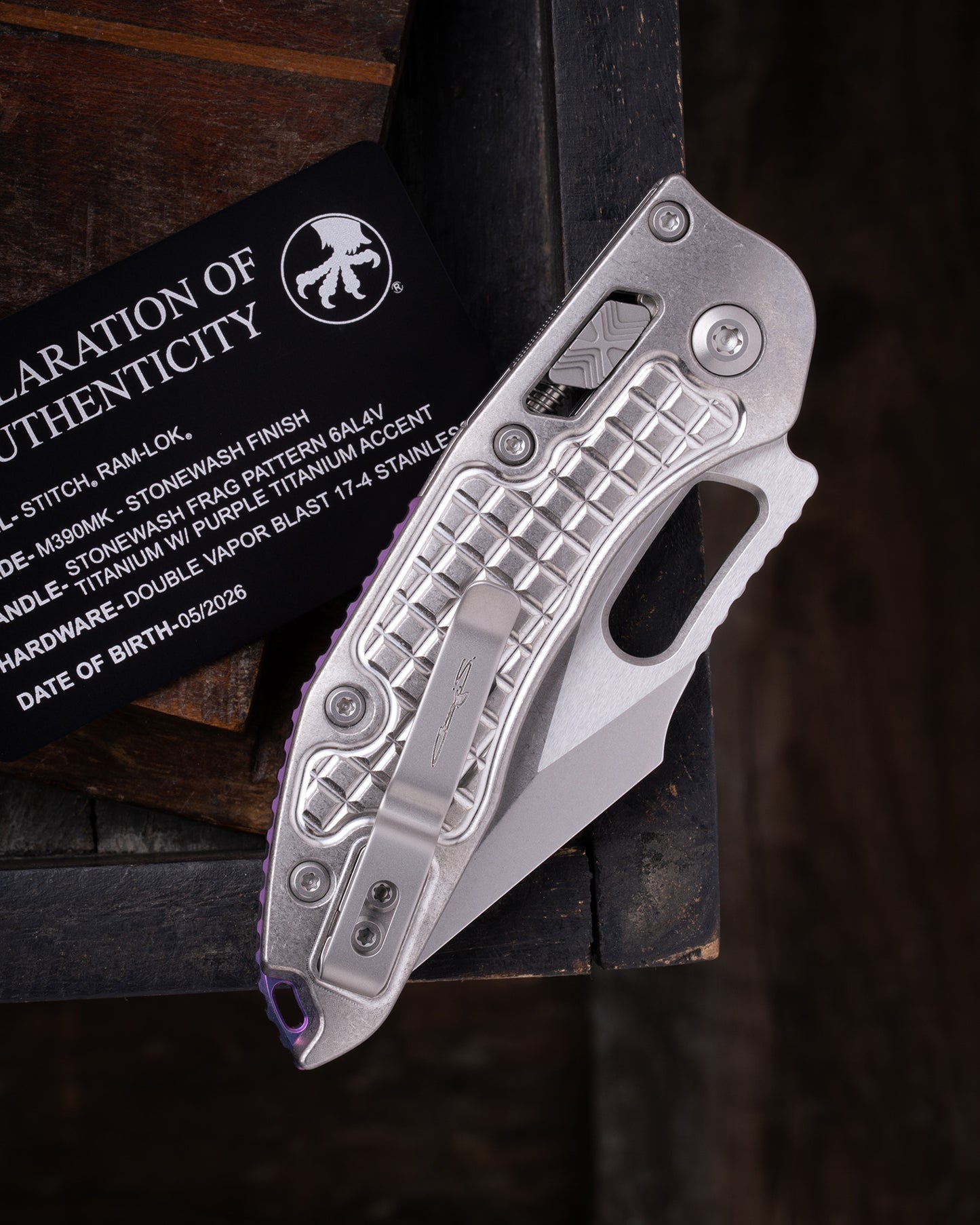 STITCH RAM-LOK® MARFIONE SELECT STANDARD STONEWASH FINISH STONEWASH FRAG PATTERN TITANIUM W/ PURPLE TITANIUM ACCENT DOUBLE VAPOR BLAST STAINLESS (169RL-10FRMS3)