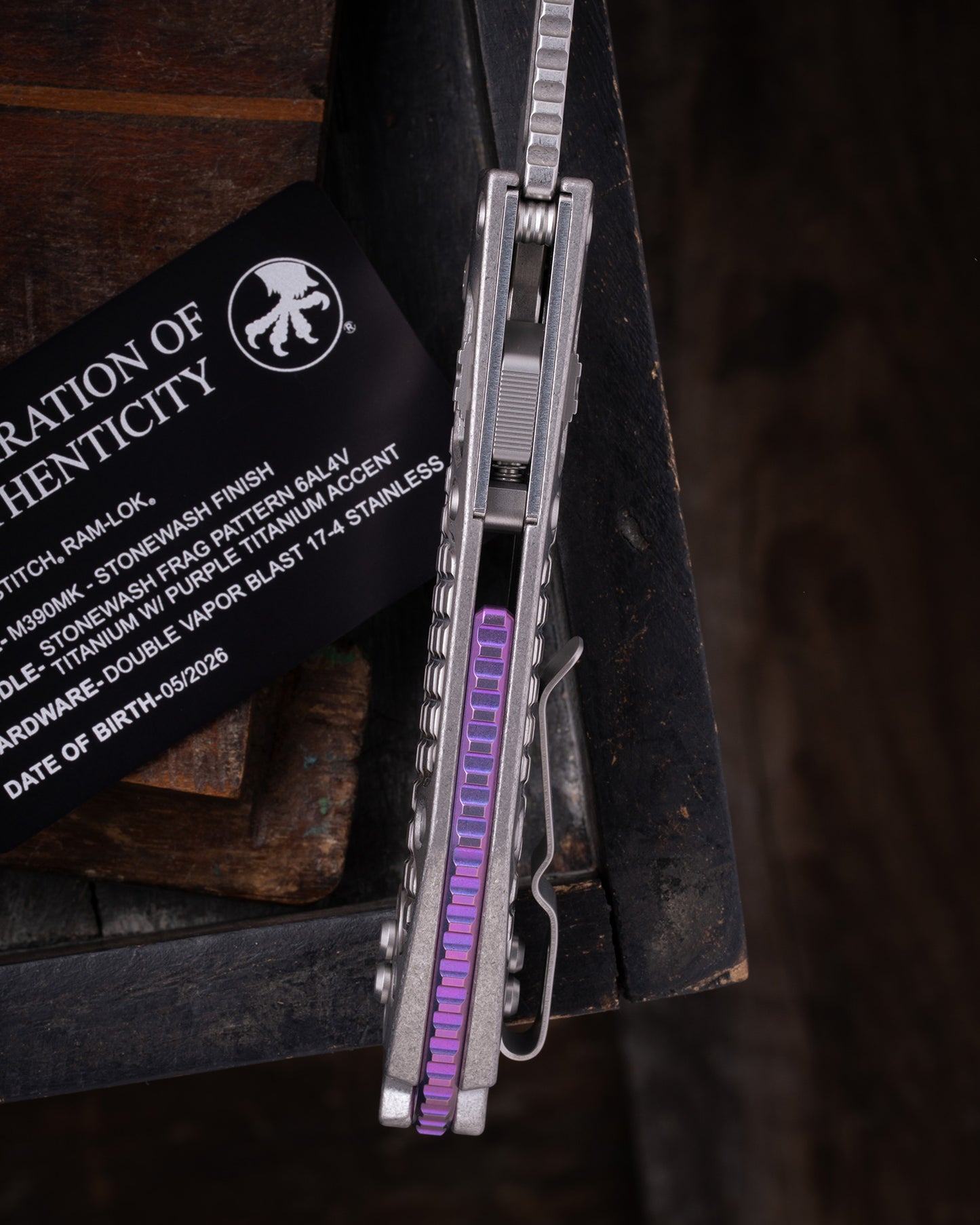 STITCH RAM-LOK® MARFIONE SELECT STANDARD STONEWASH FINISH STONEWASH FRAG PATTERN TITANIUM W/ PURPLE TITANIUM ACCENT DOUBLE VAPOR BLAST STAINLESS (169RL-10FRMS3)