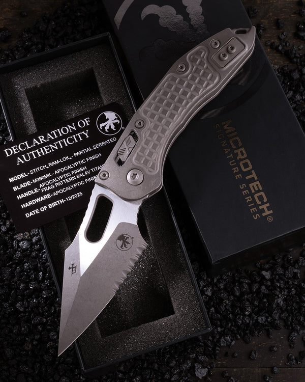Stitch RAM-LOK™ Partial Serrate Marfione Select Apocalyptic Finish Frag Pattern Titanium Apocalyptic Finish Stainless (169RL-11APFRMS1)