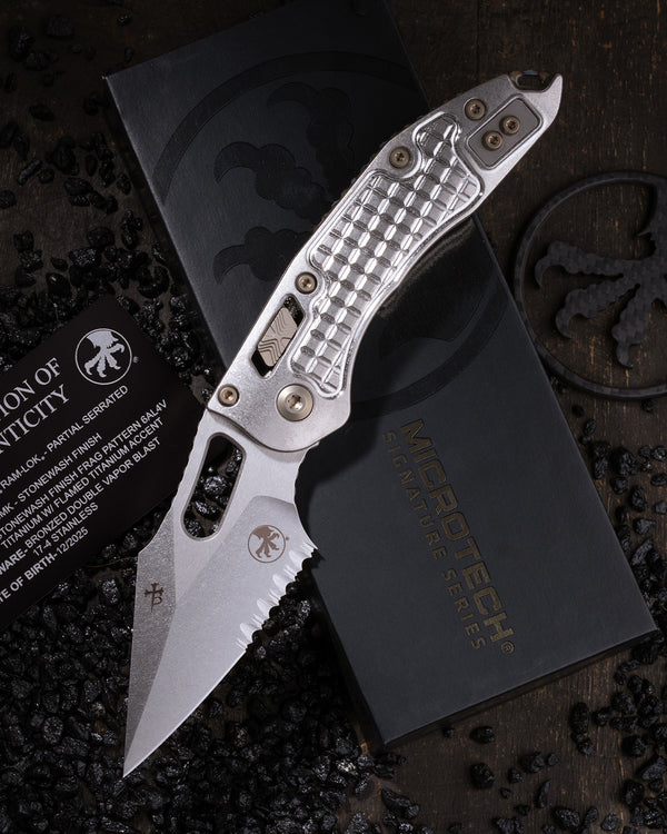 STITCH RAM-LOK PARTIAL SERRATED MARFIONE SELECT STONEWASH FINISH STONEWASH FINISH FRAG PATTERN TITANIUM W/ FLAMED TITANIUM ACCENT BRONZED DOUBLE VAPOR BLAST STIANLESS