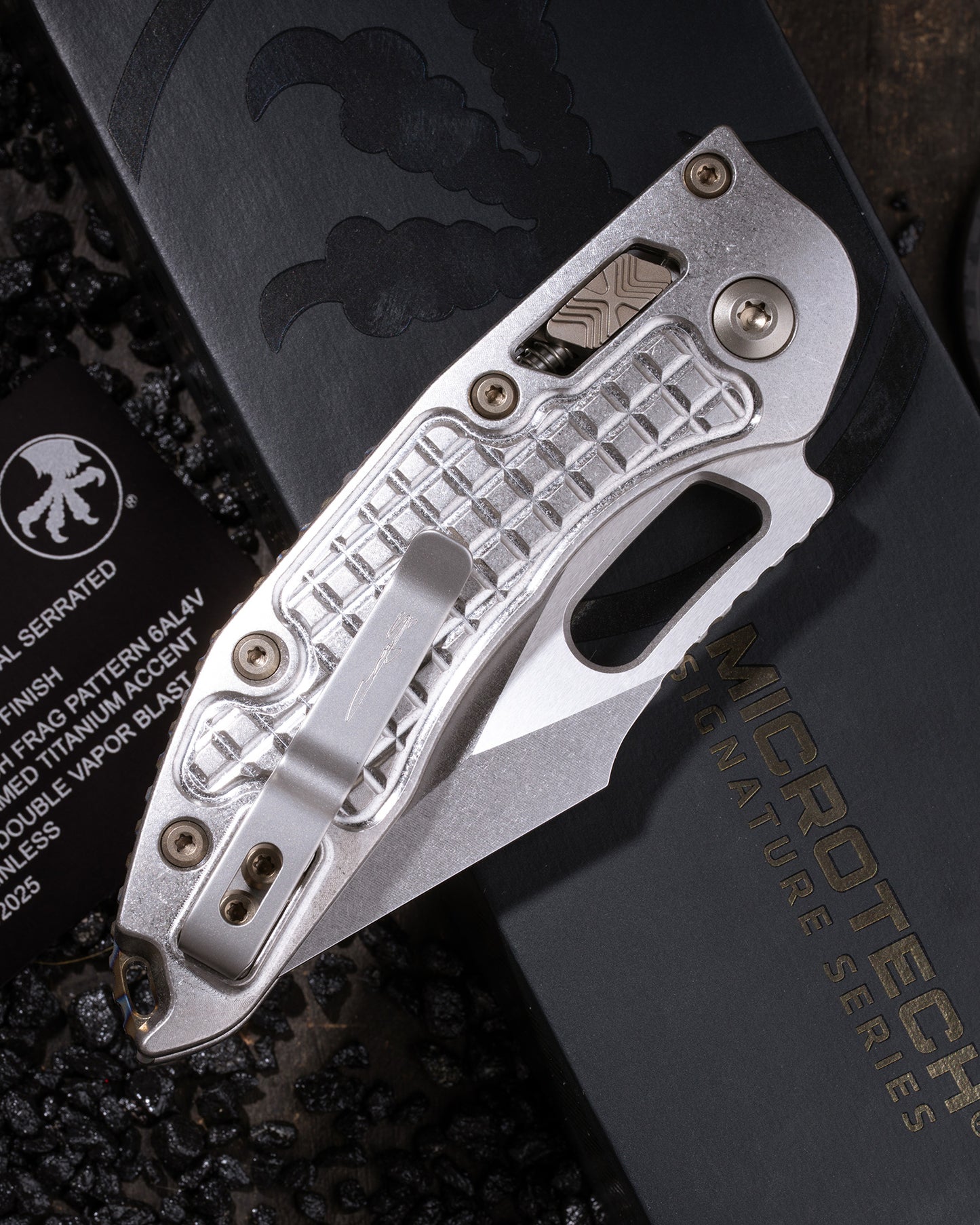 STITCH RAM-LOK PARTIAL SERRATED MARFIONE SELECT STONEWASH FINISH STONEWASH FINISH FRAG PATTERN TITANIUM W/ FLAMED TITANIUM ACCENT BRONZED DOUBLE VAPOR BLAST STIANLESS