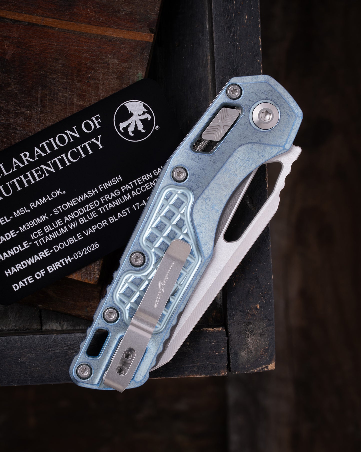 MSI® RAM-LOK® MARFIONE SELECT STONEWASH FINISH ICE BLUE ANODIZED FRAG PATTERN TITANIUM W/ BLUE TITANIUM ACCENT DOUBLE VAPOR BLAST STAINLESS (210-10FRMS6)