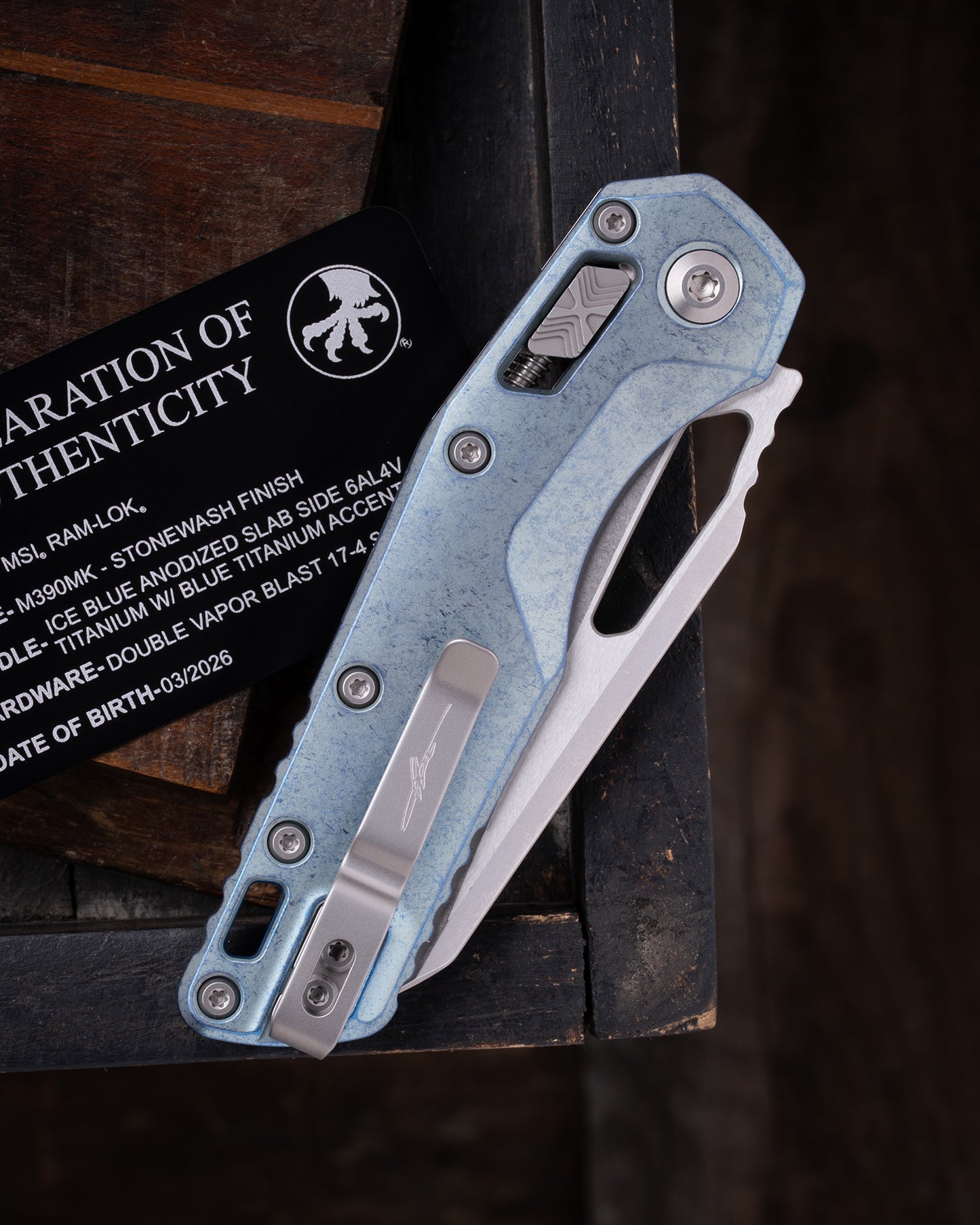 MSI® RAM-LOK® MARFIONE SELECT STONEWASH FINISH ICE BLUE ANODIZED SLAB SIDE TITANIUM W/ BRONZE TITANIUM ACCENT DOUBLE VAPOR BLAST STAINLESS (210-10MS6)