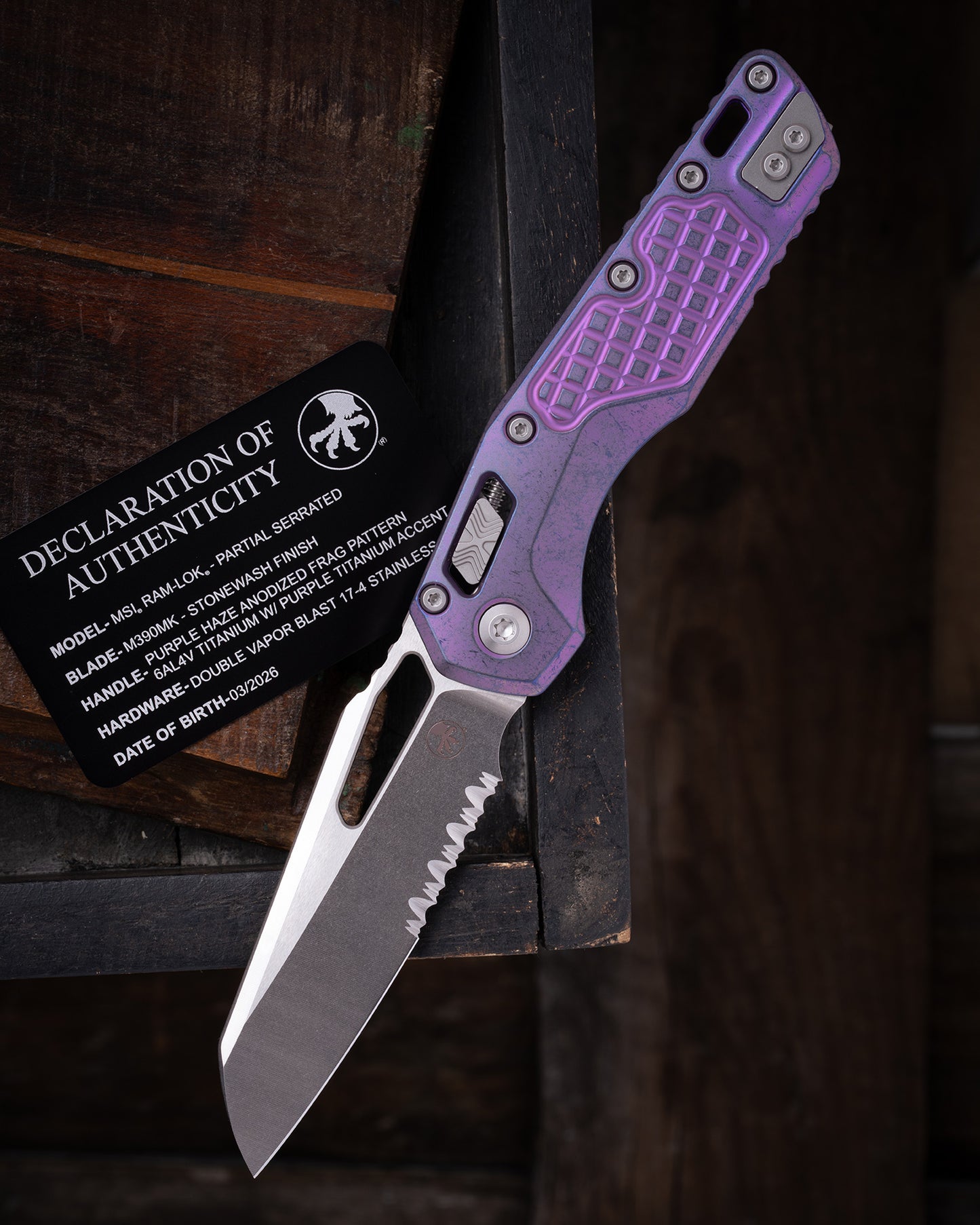 MSI® RAM-LOK® MARFIONE SELECT PARTIAL SERRATED STONEWASH FINISH PURPLE HAZE ANODIZED FRAG PATTERN TITANIUM W/ PURPLE TITANIUM ACCENT DOUBLE VAPOR BLAST STAINLESS (210-11FRMS5)