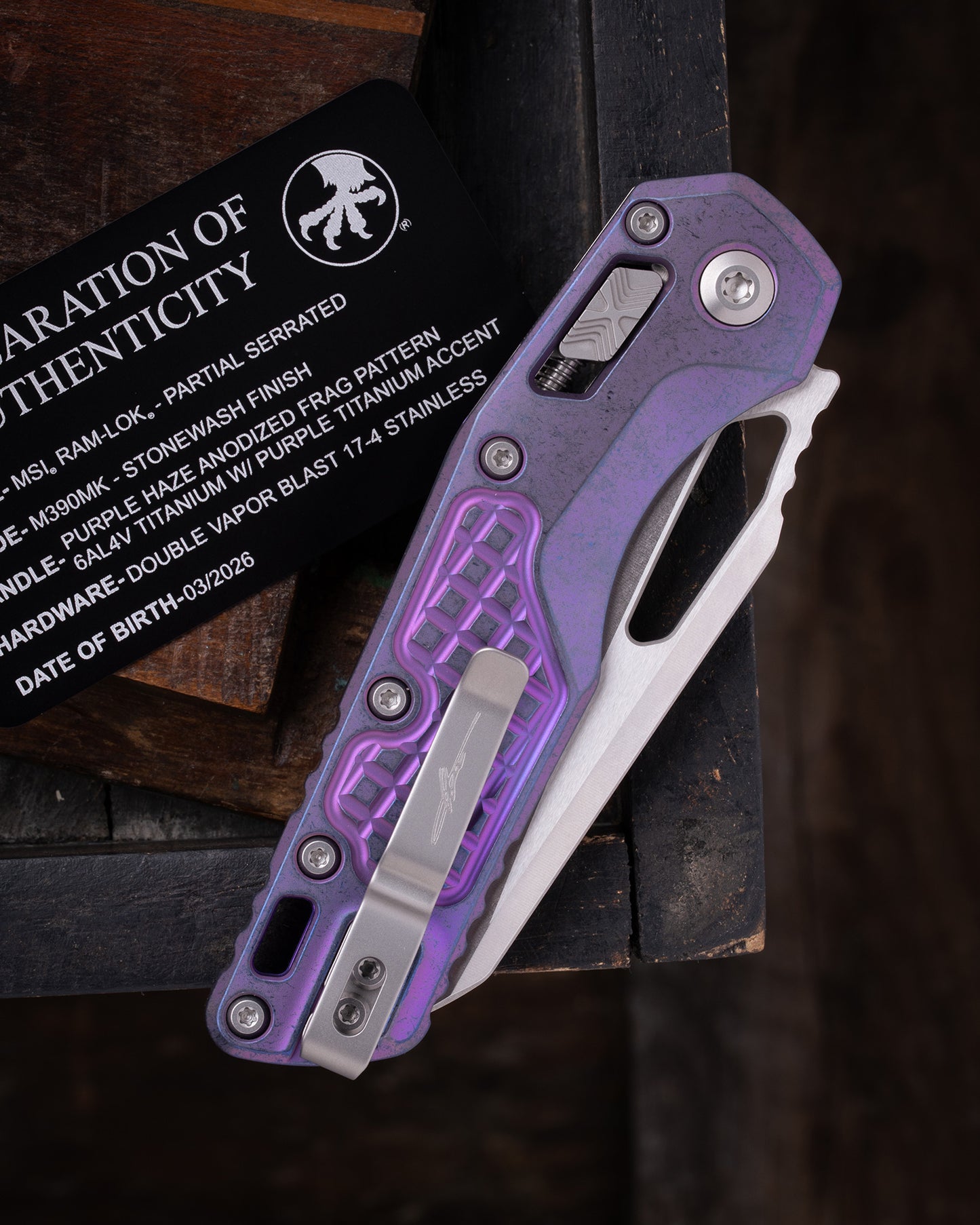 MSI® RAM-LOK® MARFIONE SELECT PARTIAL SERRATED STONEWASH FINISH PURPLE HAZE ANODIZED FRAG PATTERN TITANIUM W/ PURPLE TITANIUM ACCENT DOUBLE VAPOR BLAST STAINLESS (210-11FRMS5)