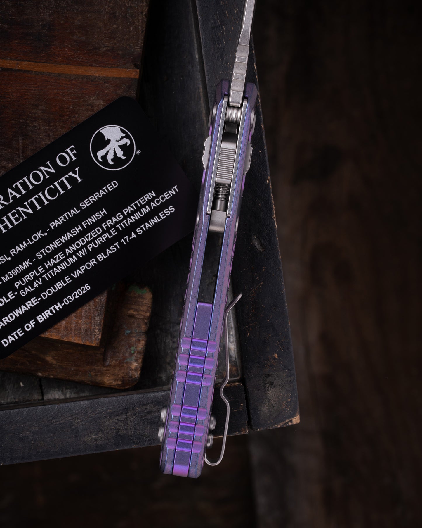 MSI® RAM-LOK® MARFIONE SELECT PARTIAL SERRATED STONEWASH FINISH PURPLE HAZE ANODIZED FRAG PATTERN TITANIUM W/ PURPLE TITANIUM ACCENT DOUBLE VAPOR BLAST STAINLESS (210-11FRMS5)