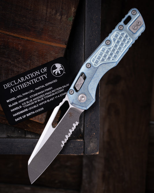 MSI® RAM-LOK® MARFIONE SELECT PARTIAL SERRATED STONEWASH FINISH ICE BLUE ANODIZED FRAG PATTERN TITANIUM W/ BLUE TITANIUM ACCENT DOUBLE VAPOR BLAST STAINLESS (210-11FRMS6)