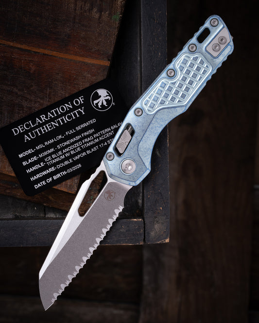 MSI® RAM-LOK® MARFIONE SELECT FULL SERRATED STONEWASH FINISH ICE BLUE ANODIZED FRAG PATTERN TITANIUM W/ BLUE TITANIUM ACCENT DOUBLE VAPOR BLAST STAINLESS (210-12FRMS6)