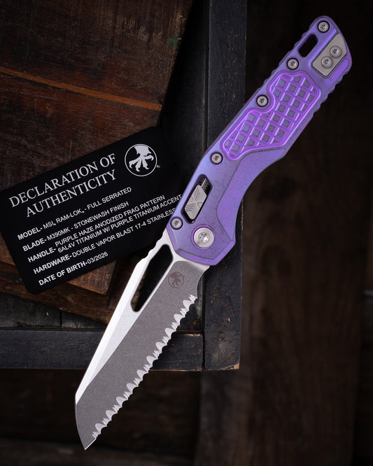 MSI® RAM-LOK® MARFIONE SELECT FULL SERRATED STONEWASH FINISH PURPLE HAZE ANODIZED FRAG PATTERN TITANIUM W/ PURPLE TITANIUM ACCENT DOUBLE VAPOR BLAST STAINLESS (210-12FRMS5)