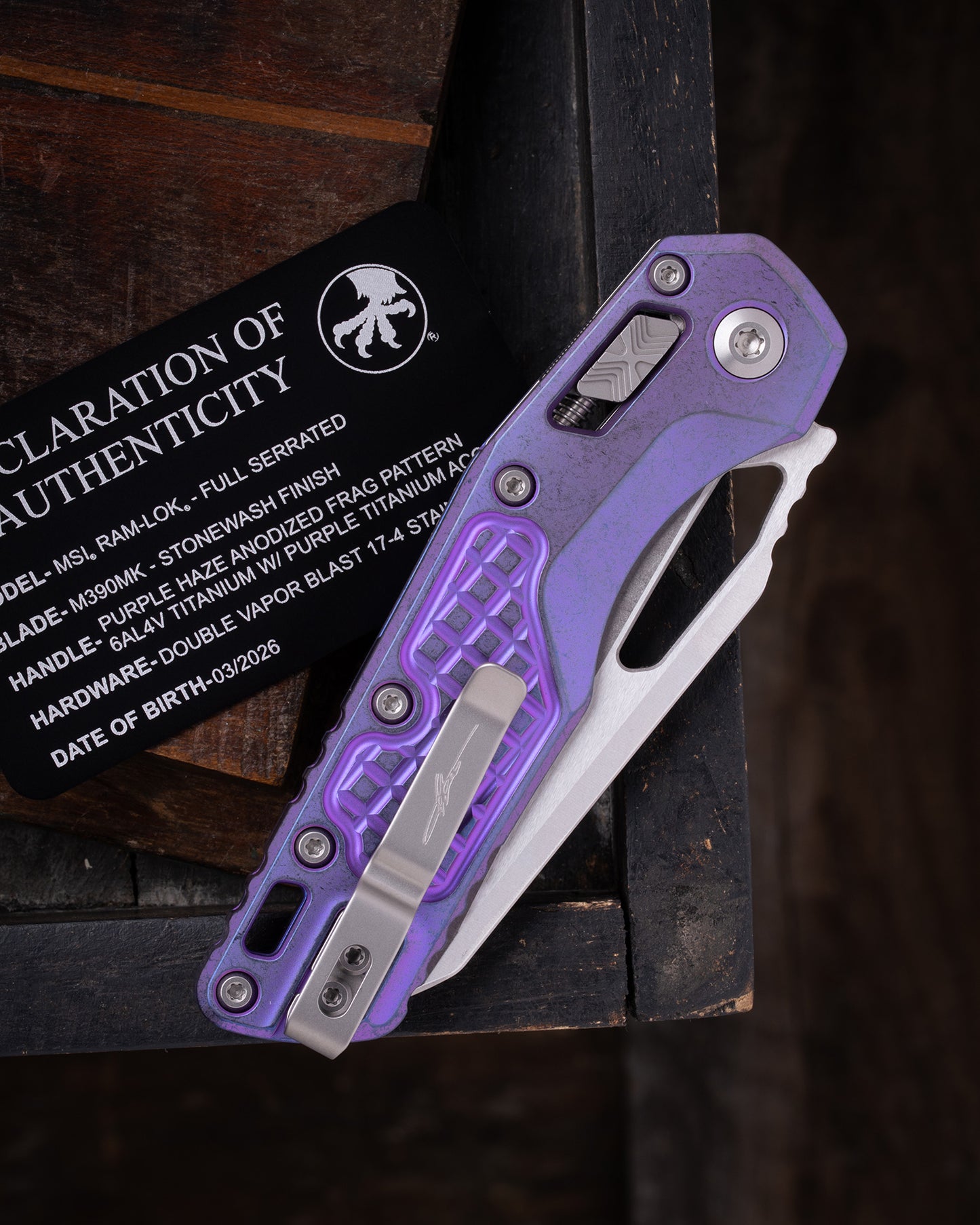 MSI® RAM-LOK® MARFIONE SELECT FULL SERRATED STONEWASH FINISH PURPLE HAZE ANODIZED FRAG PATTERN TITANIUM W/ PURPLE TITANIUM ACCENT DOUBLE VAPOR BLAST STAINLESS (210-12FRMS5)