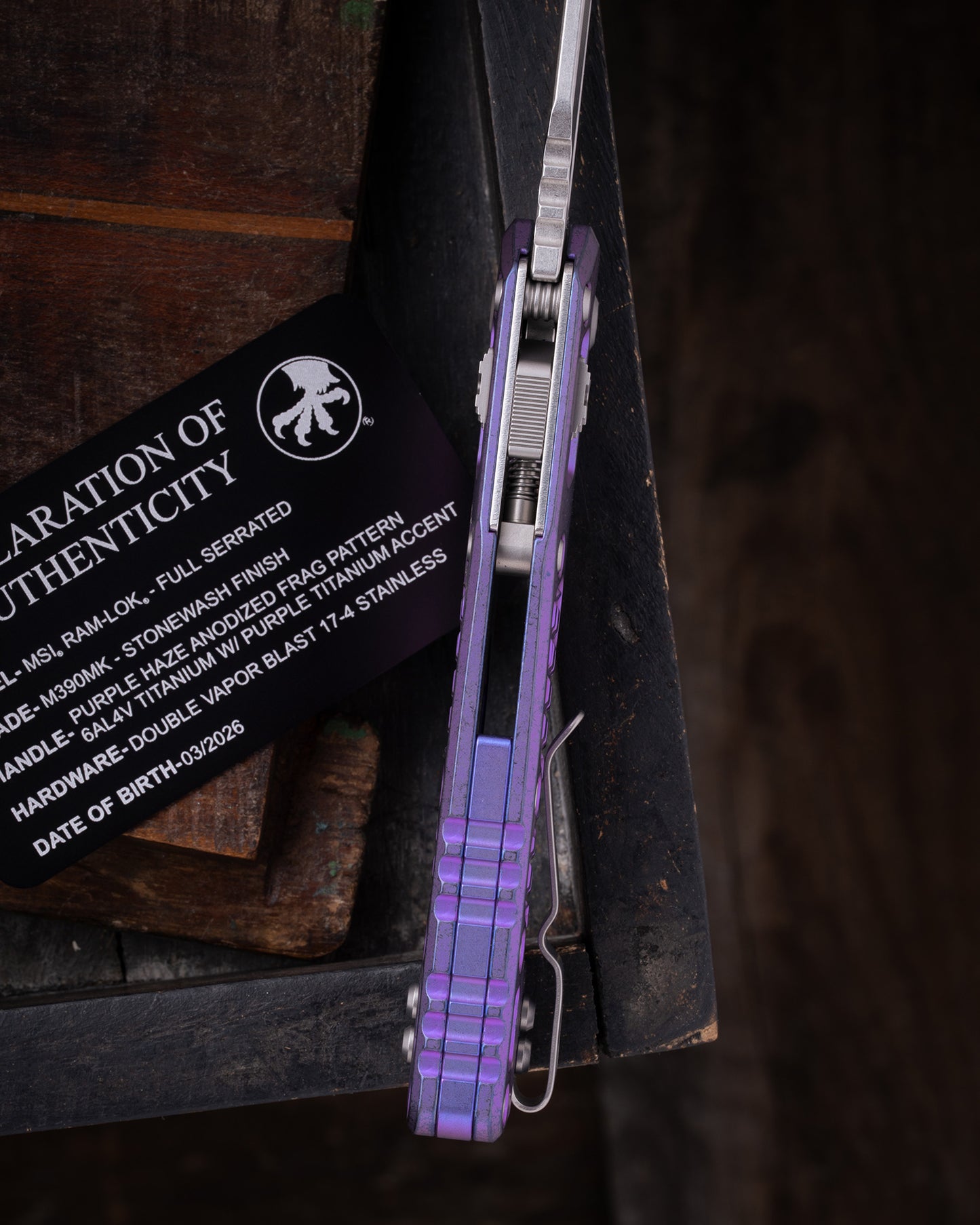 MSI® RAM-LOK® MARFIONE SELECT FULL SERRATED STONEWASH FINISH PURPLE HAZE ANODIZED FRAG PATTERN TITANIUM W/ PURPLE TITANIUM ACCENT DOUBLE VAPOR BLAST STAINLESS (210-12FRMS5)