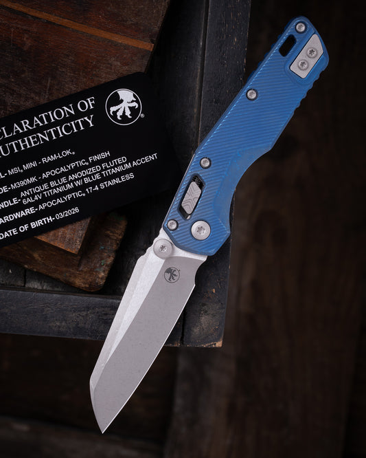 MSI® RAM-LOK® MINI MARFIONE SELECT APOCALYPTIC FINISH ANTIQUE BLUE ANODIZED FLUTED TITANIUM W/ BLUE TITANIUM ACCENT APOCALYPTIC STAINLESS (210M-10APFLMS2)